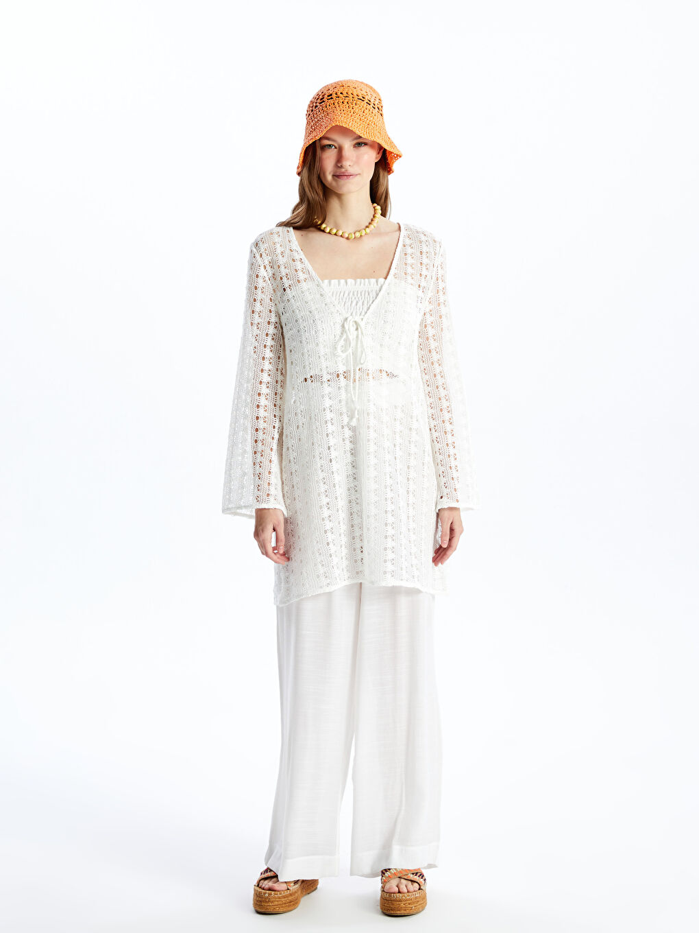 Ekru V Yaka Kendinden Desenli Uzun Kollu Kadın Plaj Elbisesi-2