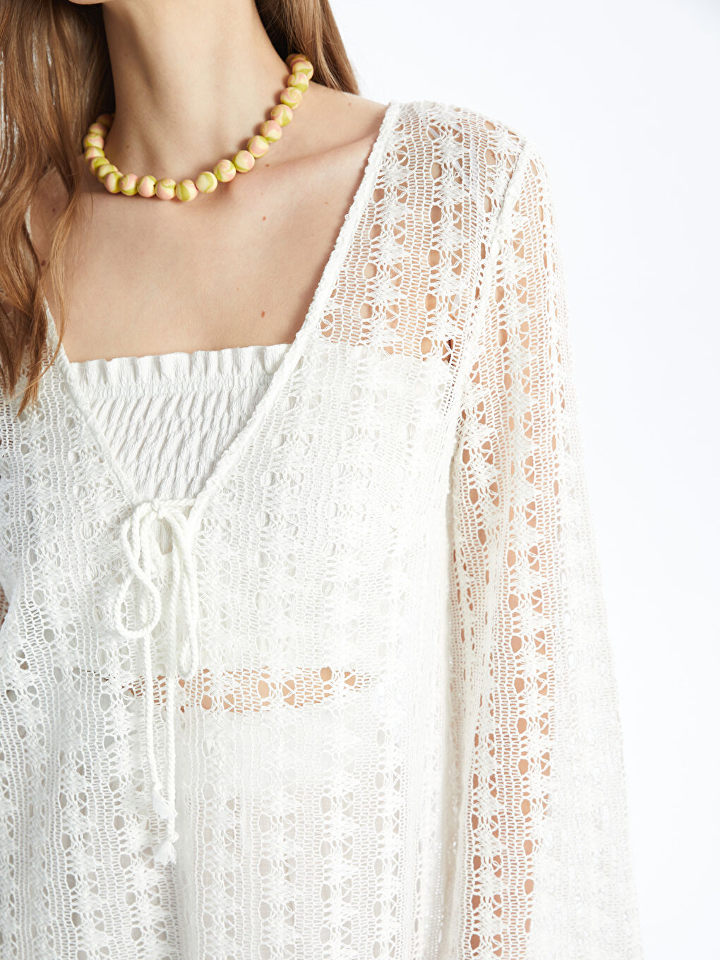 Ekru V Yaka Kendinden Desenli Uzun Kollu Kadın Plaj Elbisesi-3