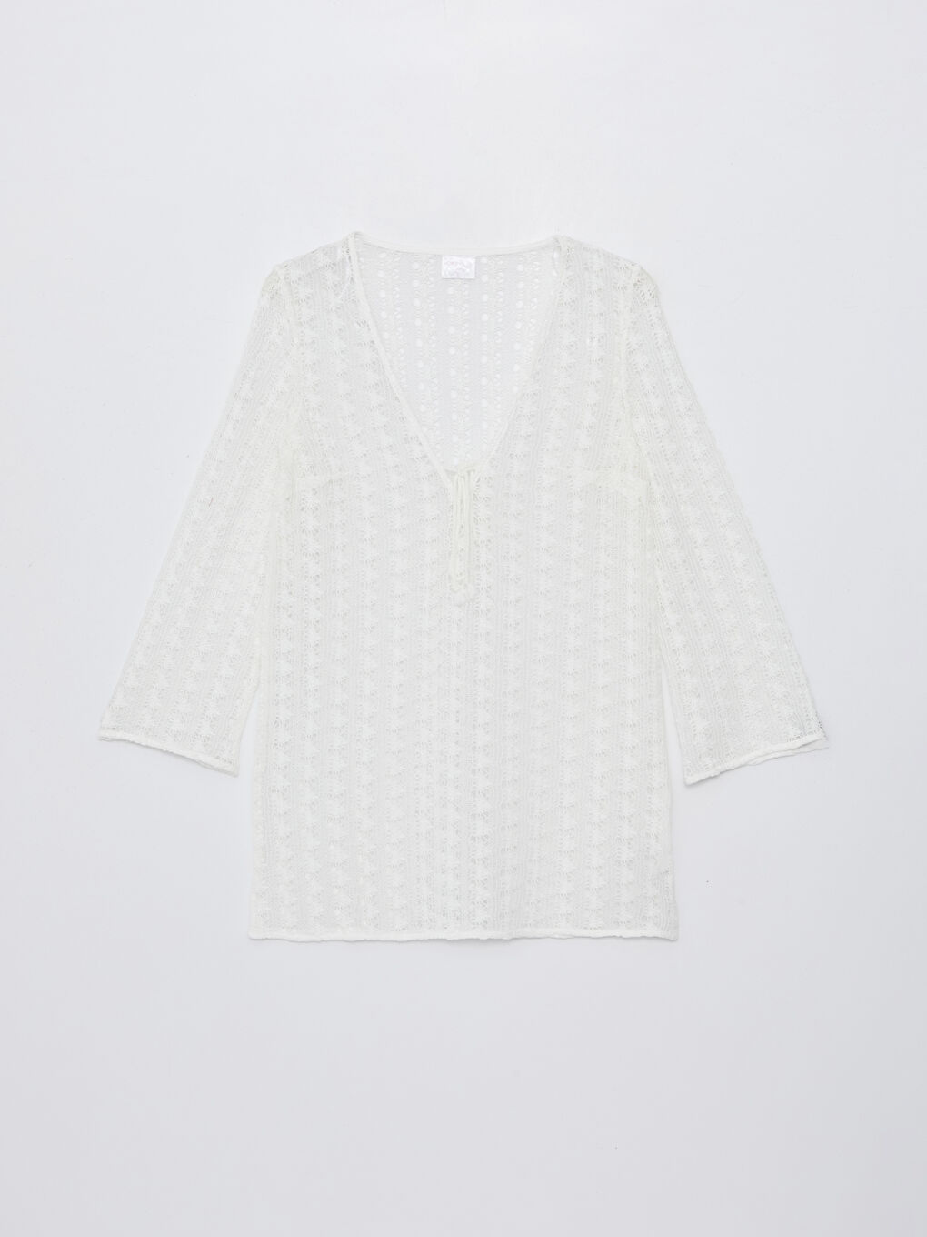 Ekru V Yaka Kendinden Desenli Uzun Kollu Kadın Plaj Elbisesi-5