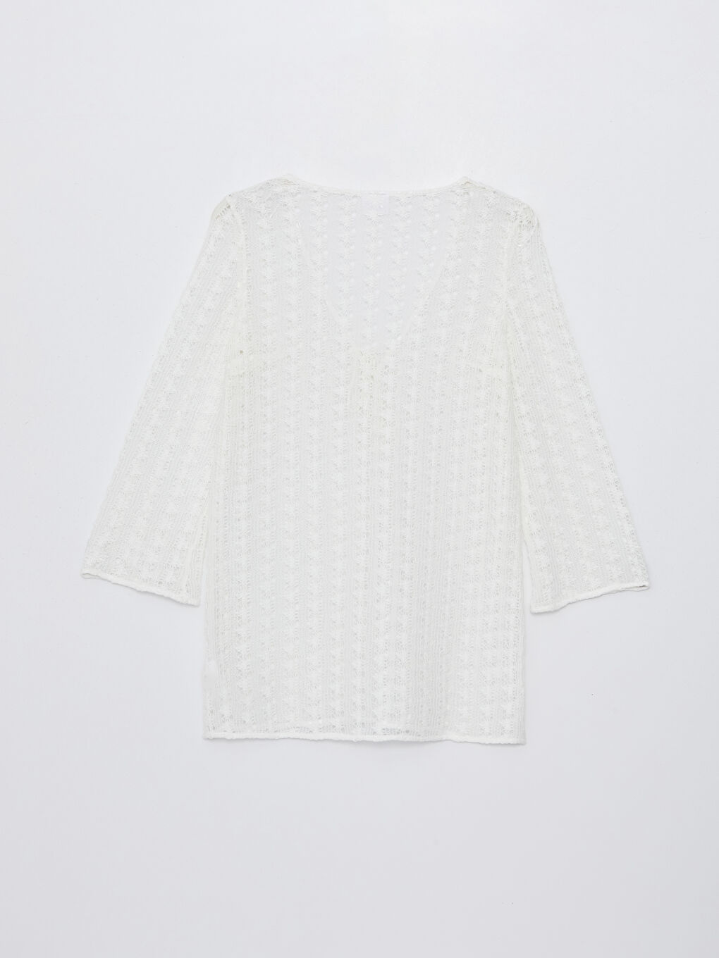 Ekru V Yaka Kendinden Desenli Uzun Kollu Kadın Plaj Elbisesi-6