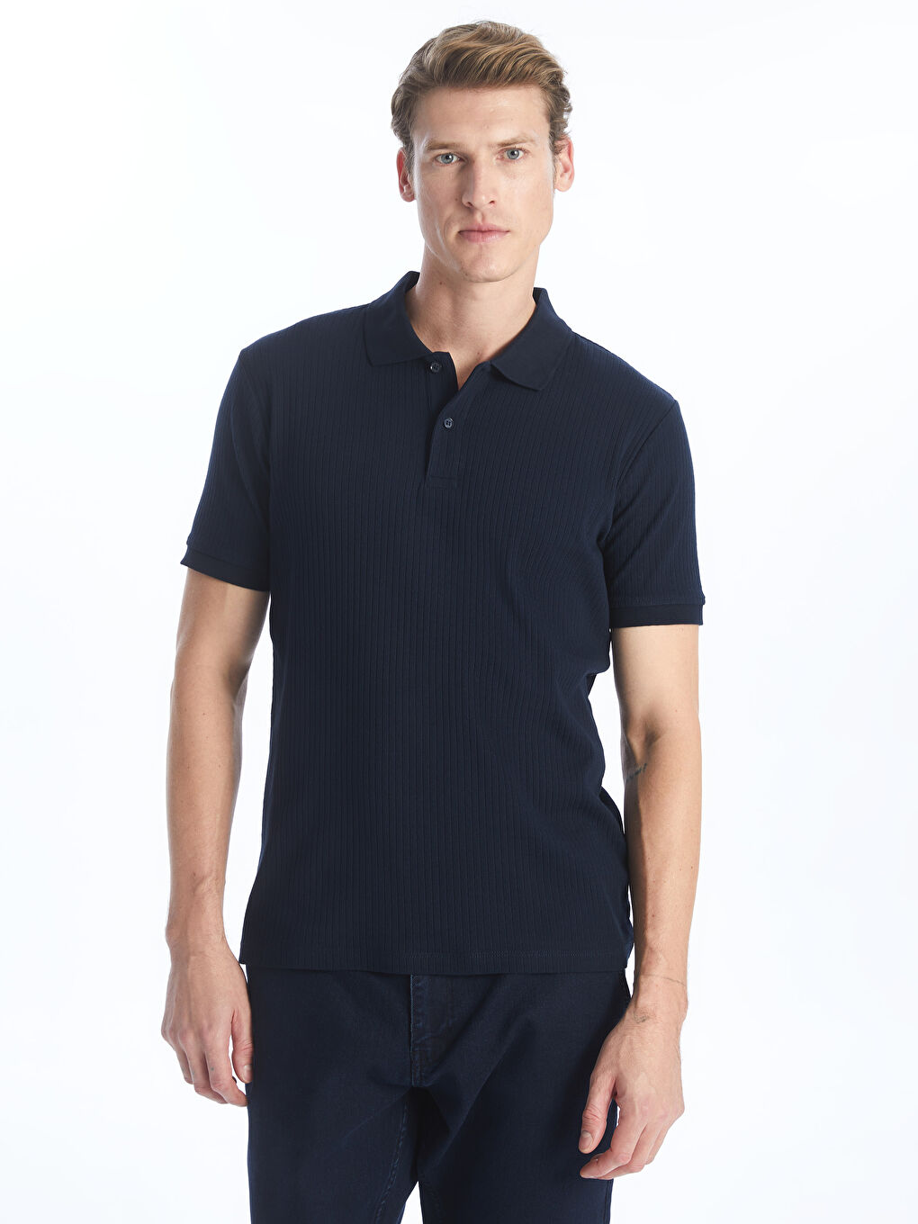 Lacivert Polo Yaka Kısa Kollu Erkek Dokulu Tişört-1