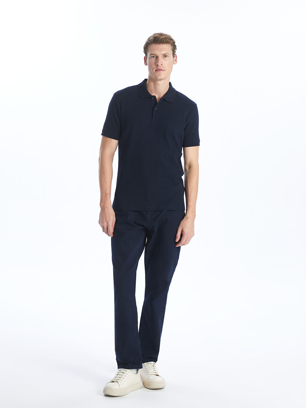 Lacivert Polo Yaka Kısa Kollu Erkek Dokulu Tişört-2