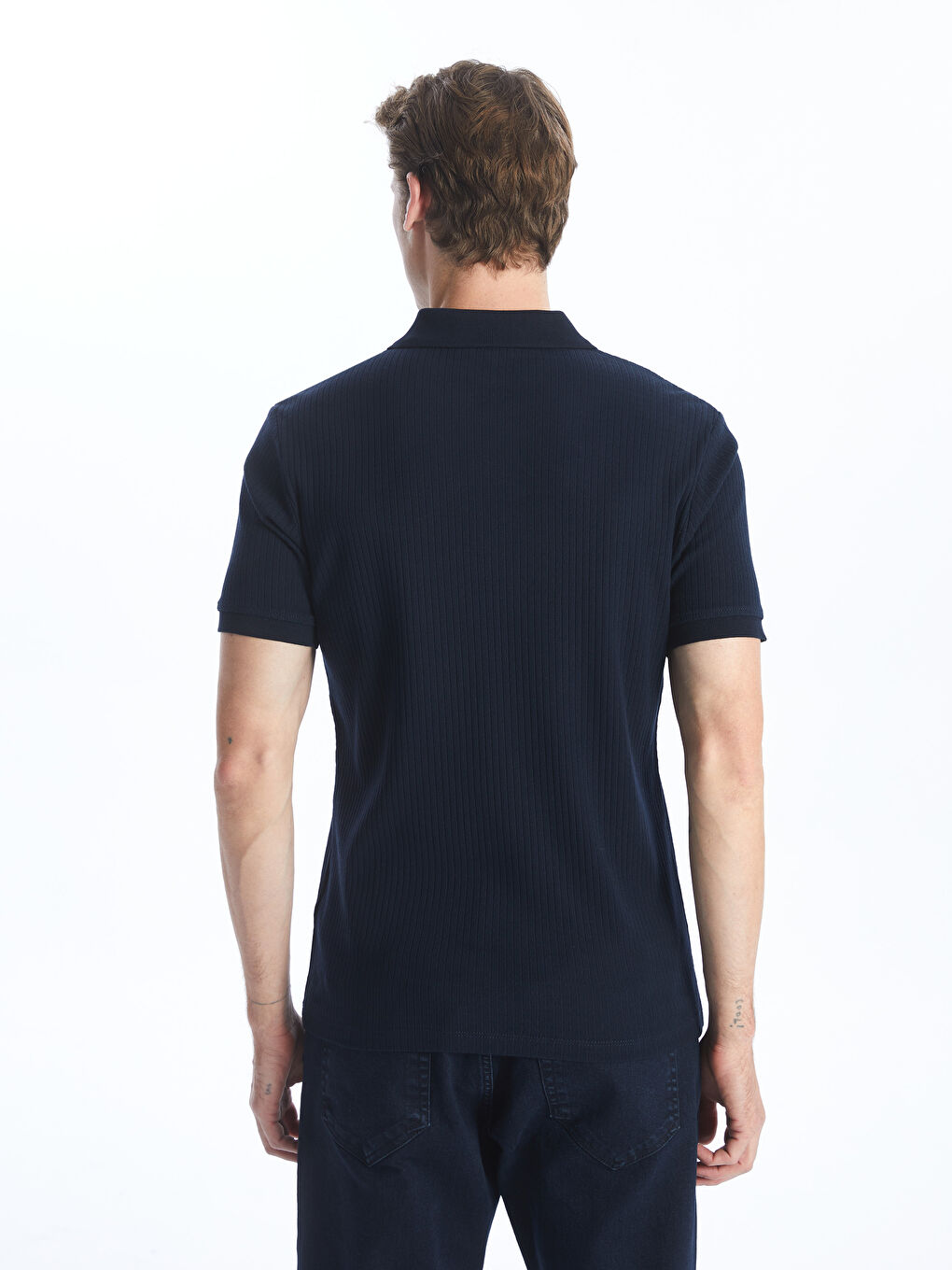Lacivert Polo Yaka Kısa Kollu Erkek Dokulu Tişört-4