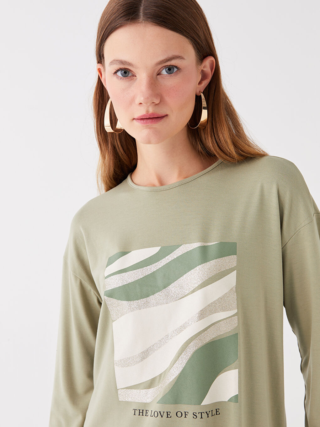 Crew Neck Printed Long Sleeve Women's Tunic -S4AB20Z8-GHY