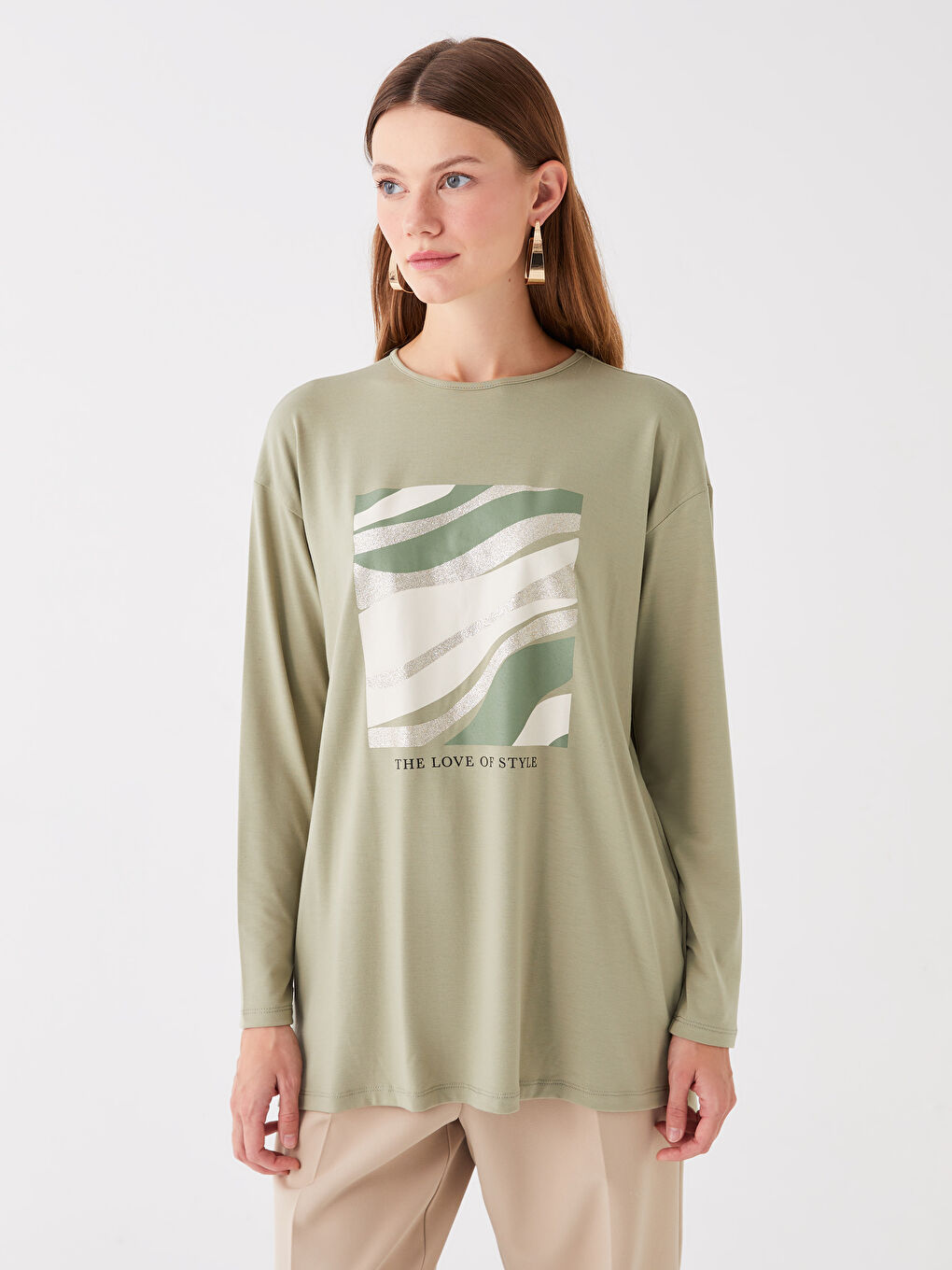 Crew Neck Printed Long Sleeve Women's Tunic -S4AB20Z8-GHY
