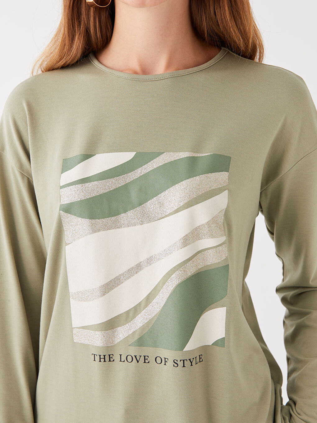 Crew Neck Printed Long Sleeve Women's Tunic -S4AB20Z8-GHY