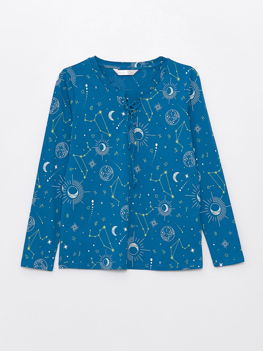 Mavi Bağlamalı Yaka Desenli Kadın Pijama Üst