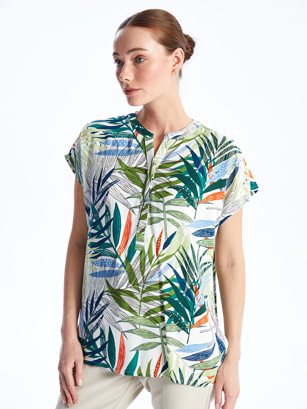 Notch Neck Patterned Short Sleeve Women's Blouse -S4AB61Z8-F9C