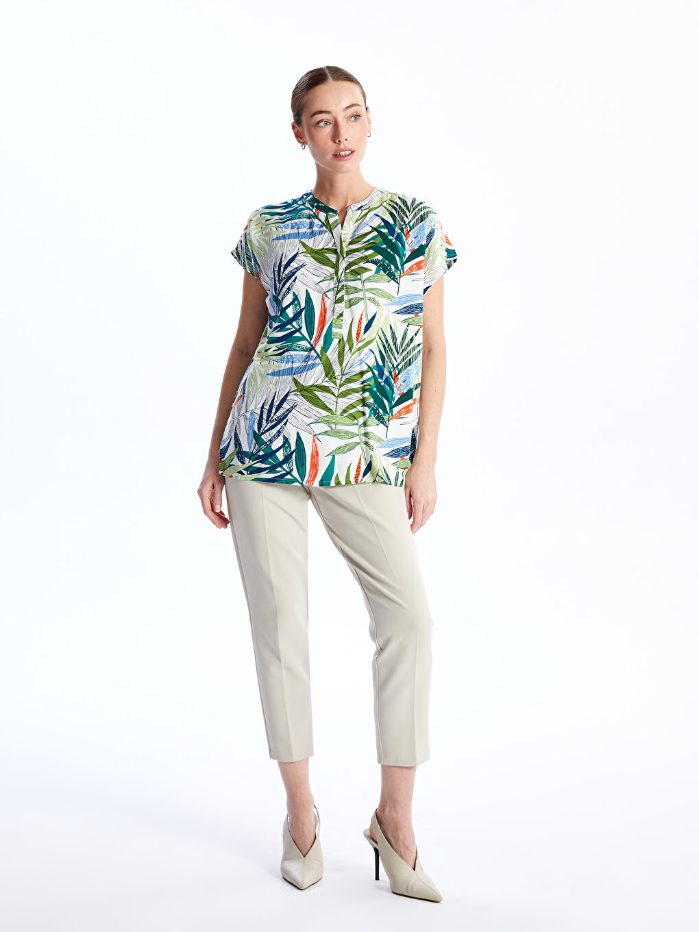 Notch Neck Patterned Short Sleeve Women's Blouse -S4AB61Z8-F9C