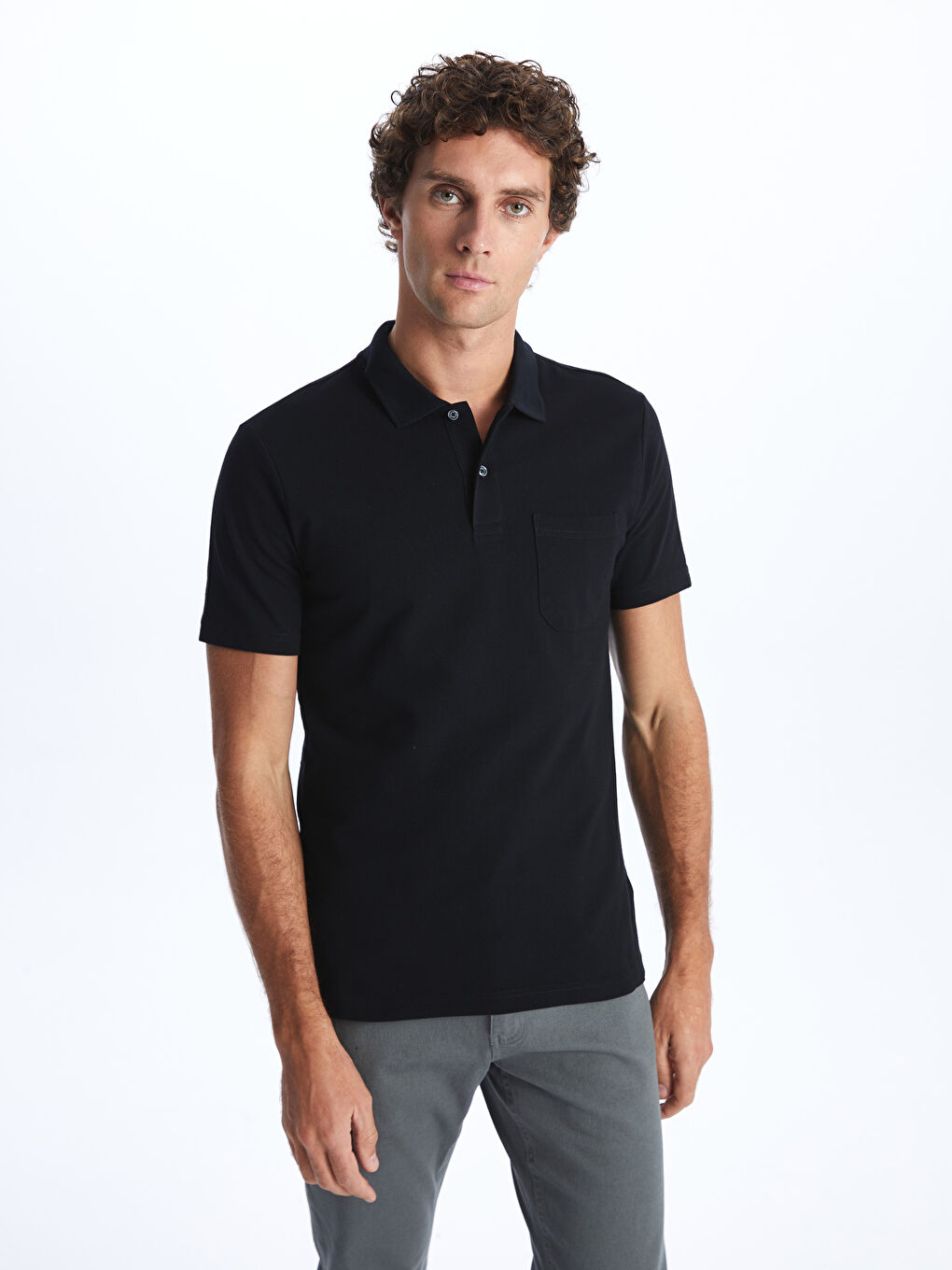 Siyah Polo Yaka Kısa Kollu Pike Erkek Tişört-1