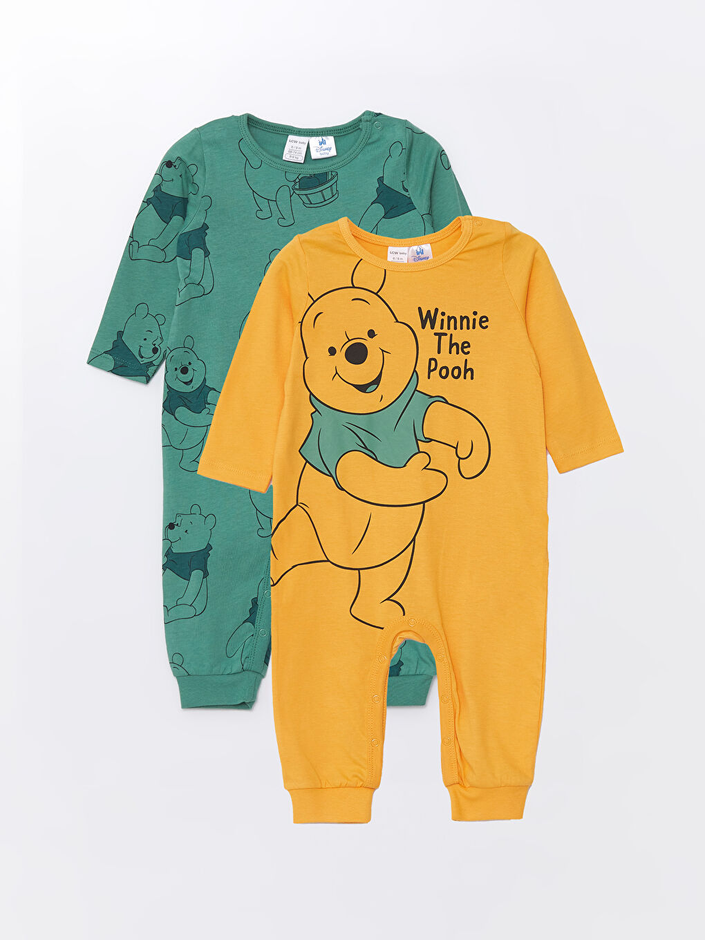 LCW baby Mat Yeşil Baskılı Bisiklet Yaka Winnie the Pooh Baskılı Erkek Bebek Tulum 2'li