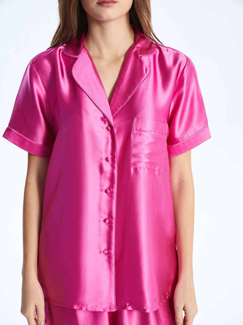 Әйелдерге арналған жағалы мойын өрнексіз қысқа жең сатин пижама жинағы-2