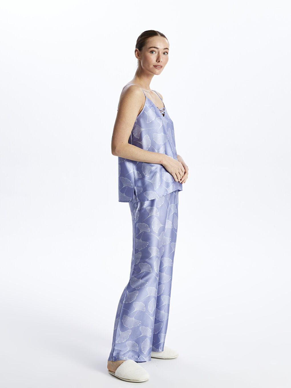 V-Neck Patterned Strap Satin Women's Pajamas Set -S4AD55Z8-LSB
