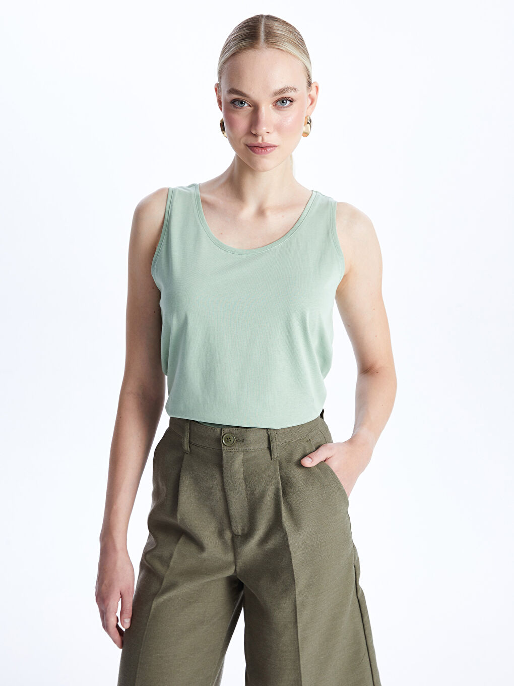 Yeşil Kadın Bisiklet Yaka Düz Atlet