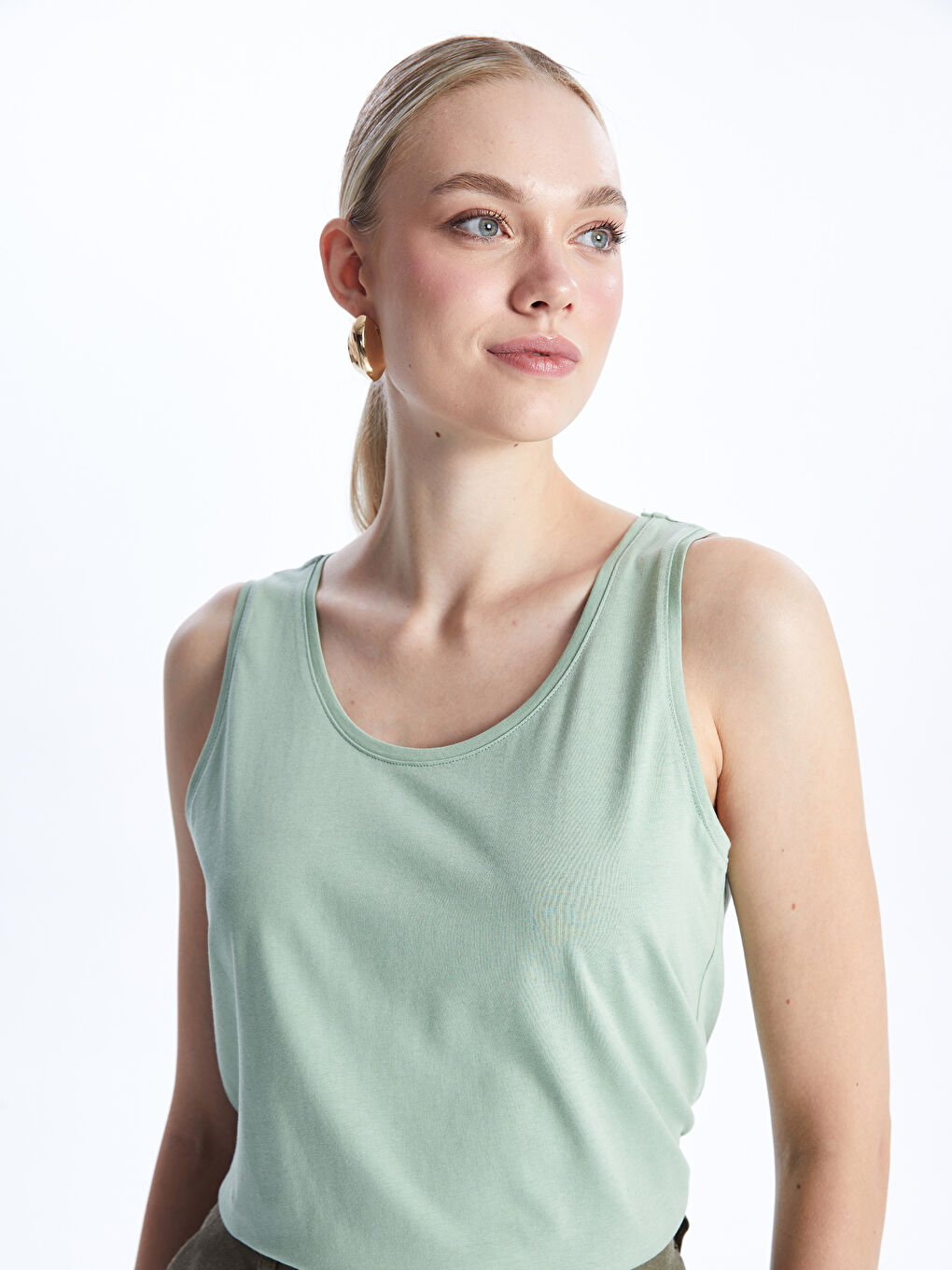 Yeşil Kadın Bisiklet Yaka Düz Atlet-1