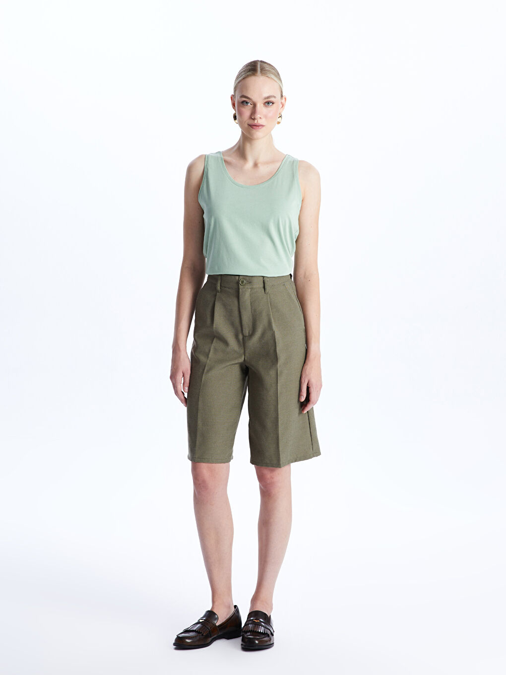 Yeşil Kadın Bisiklet Yaka Düz Atlet-2