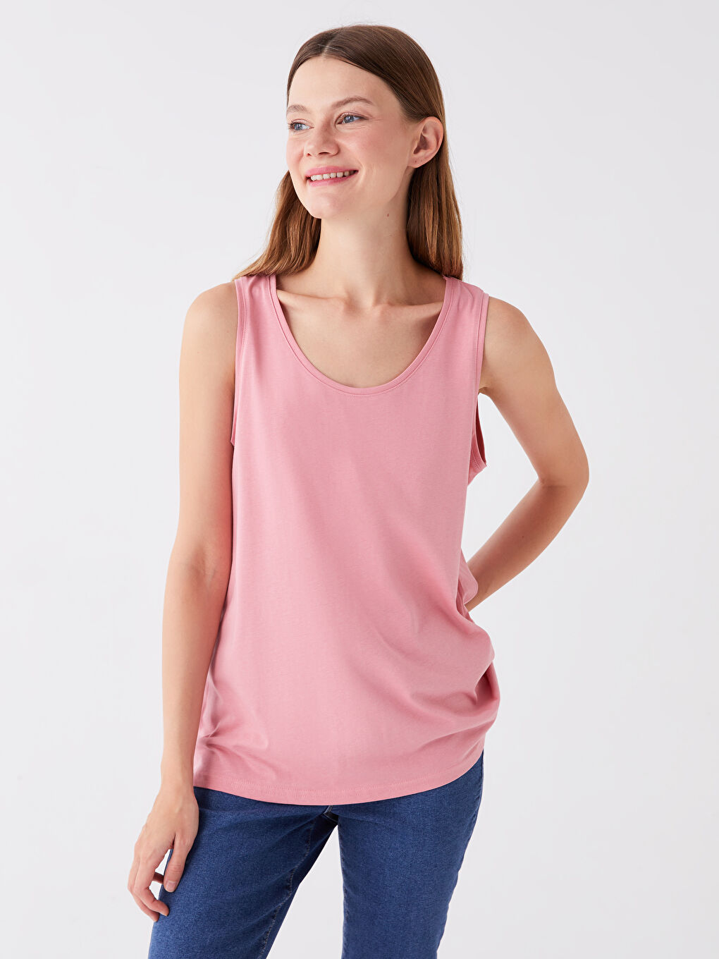 Pembe Kadın Bisiklet Yaka Düz Atlet-1