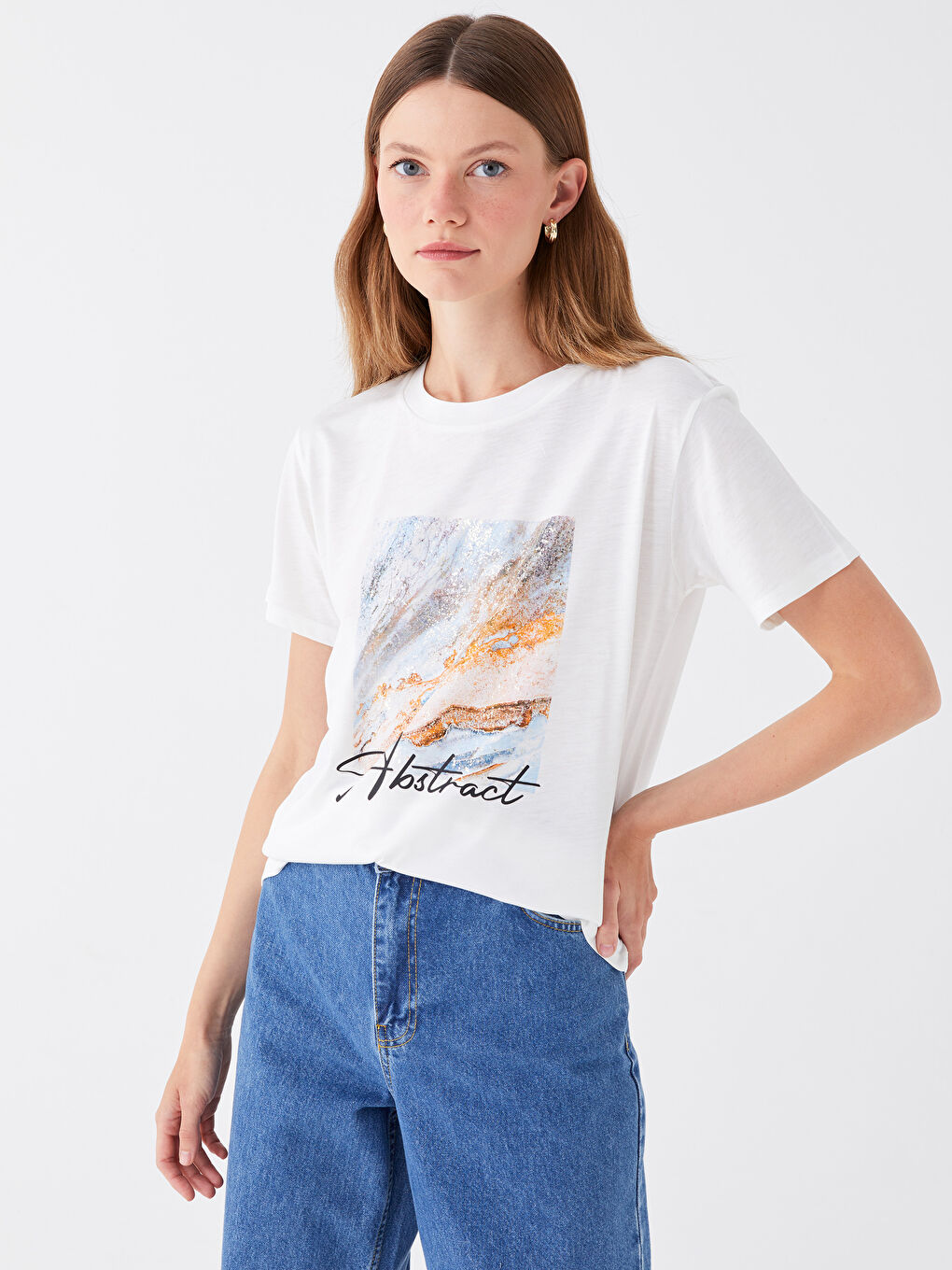 Ekru Bisiklet Yaka Baskılı Kısa Kollu Kadın Tişört