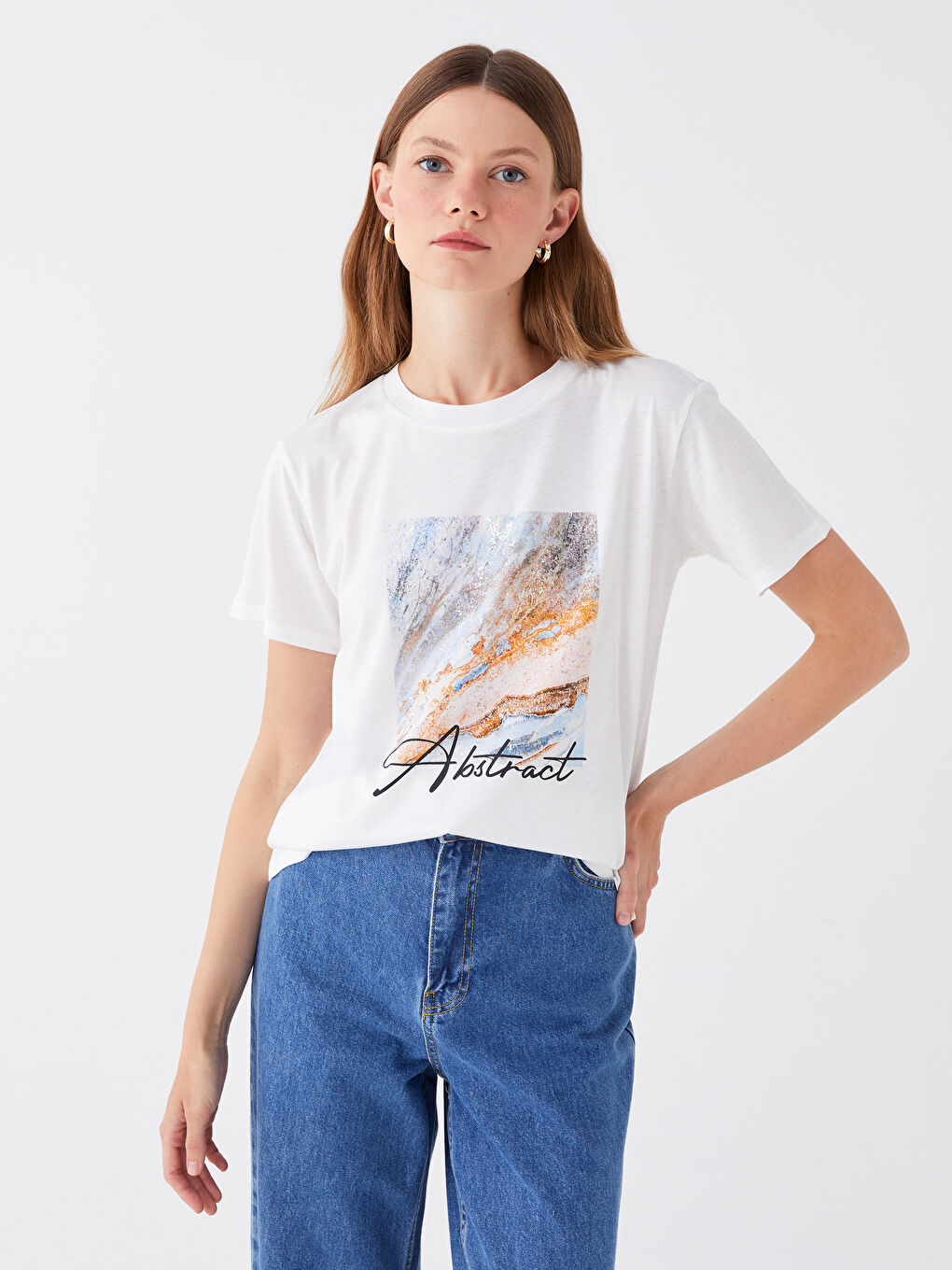 Ekru Bisiklet Yaka Baskılı Kısa Kollu Kadın Tişört-1