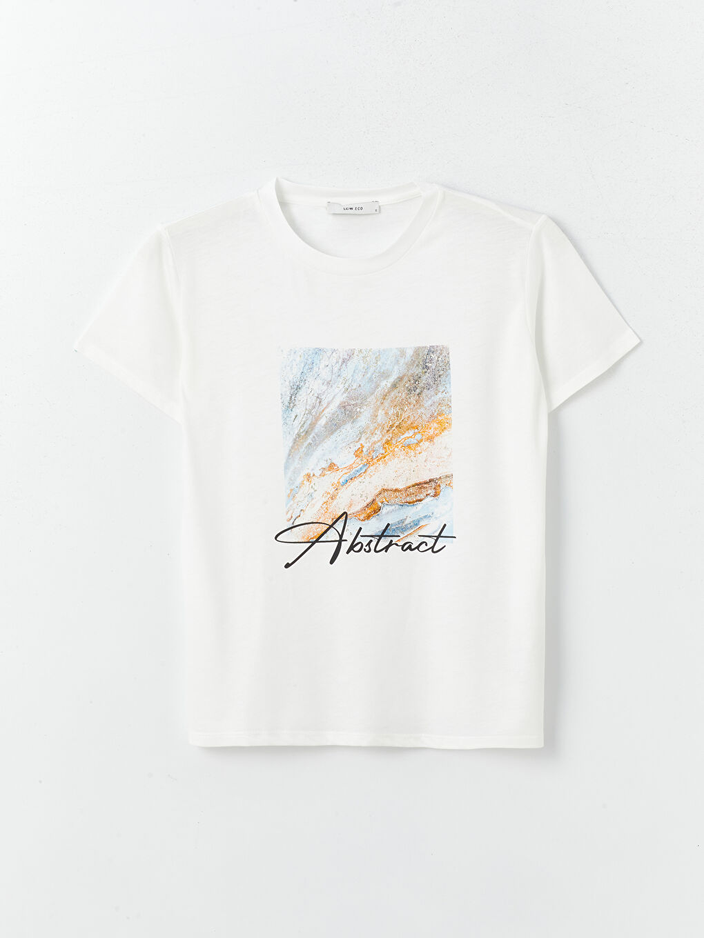 Ekru Bisiklet Yaka Baskılı Kısa Kollu Kadın Tişört-5