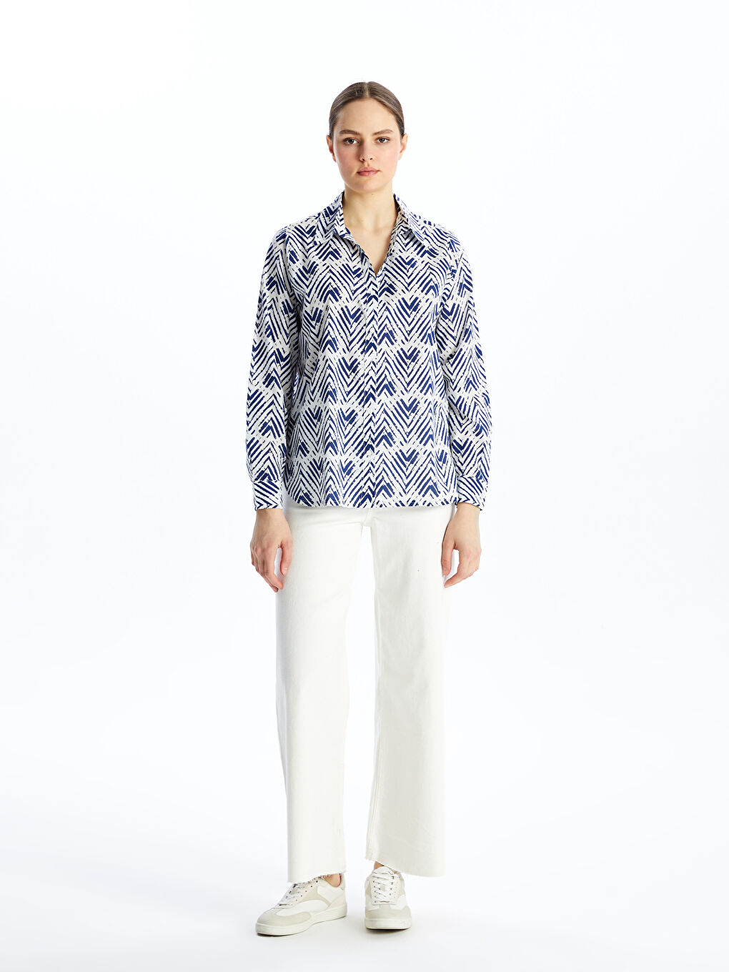 İndigo Desenli Uzun Kollu Poplin Kadın Gömlek-1