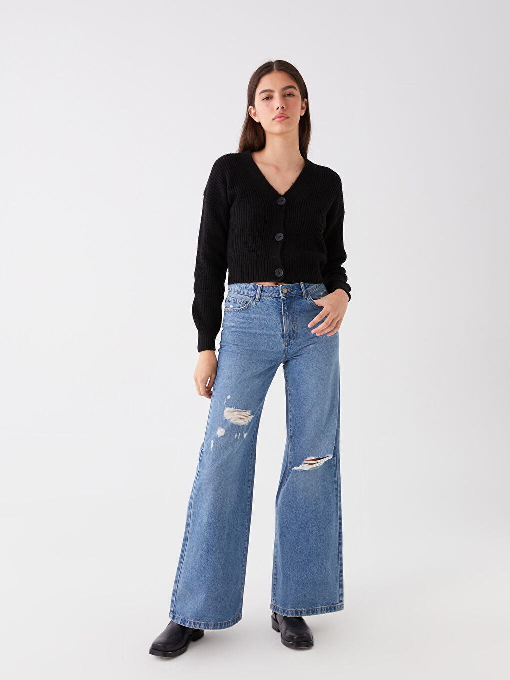High Waist Wideleg Ripped Detail Women's Jeans -S4AE79Z8-507