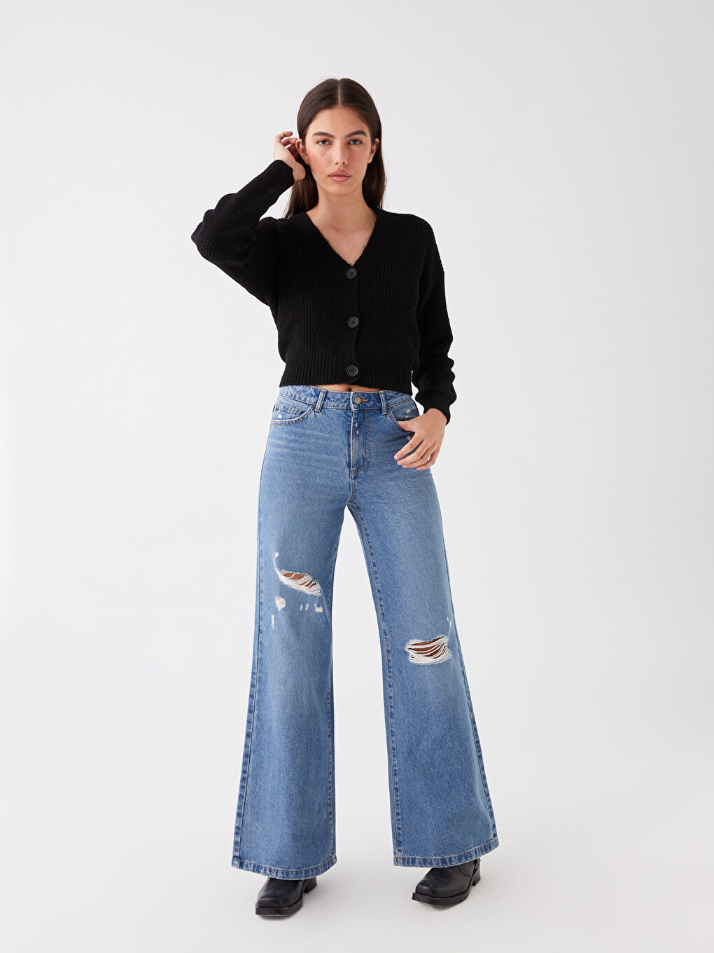 High Waist Wideleg Ripped Detail Women's Jeans -S4AE79Z8-507