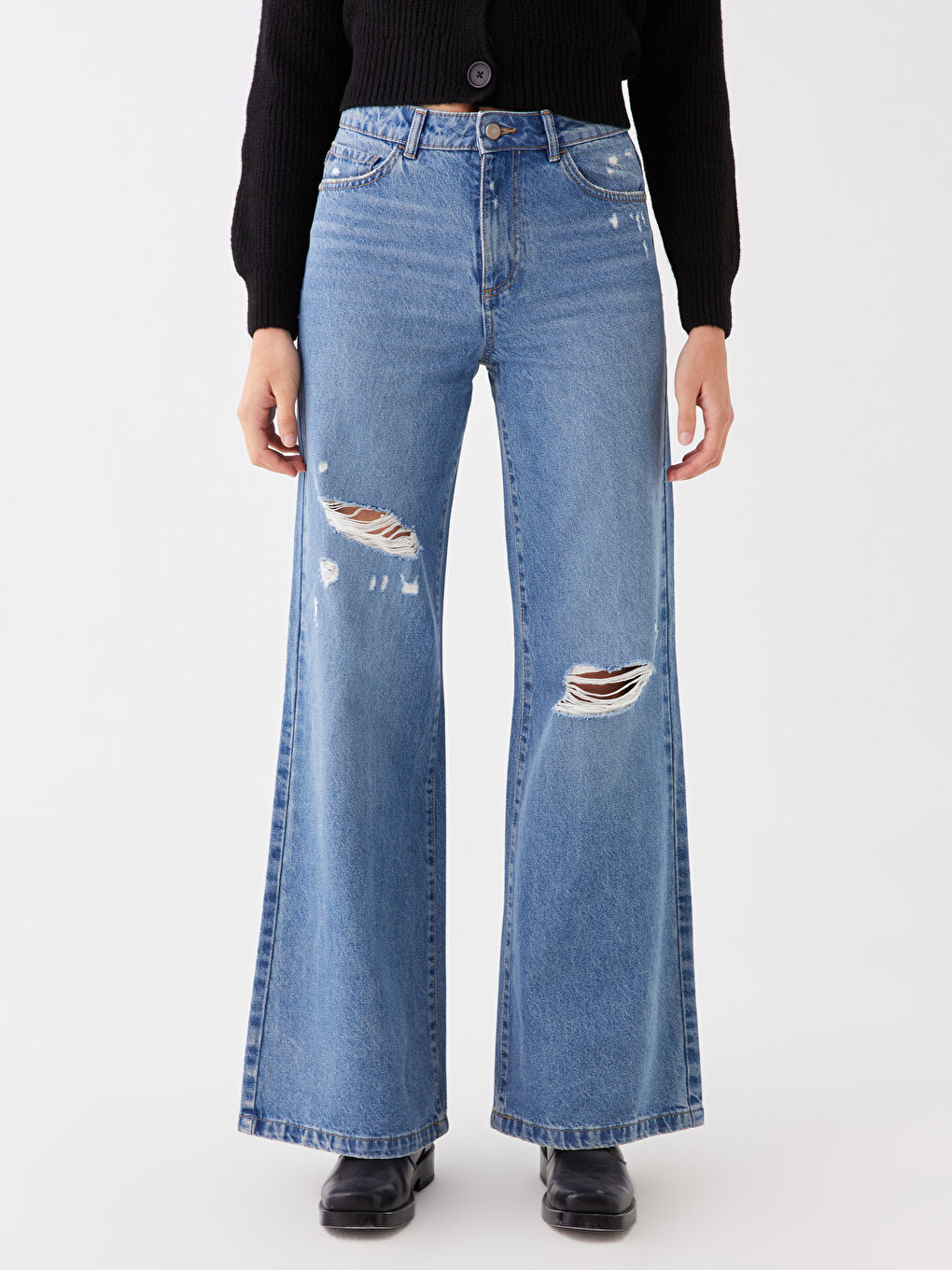 High Waist Wideleg Ripped Detail Women's Jeans -S4AE79Z8-507
