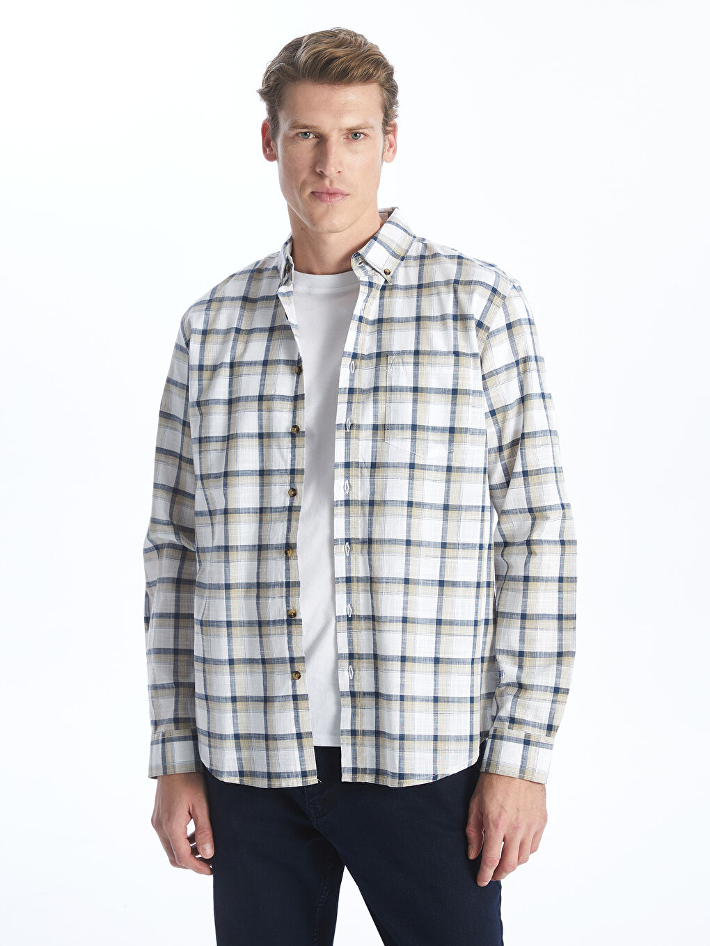 Regular Fit Long Sleeve Plaid Poplin Men's Shirt -S4AE94Z8-LKQ