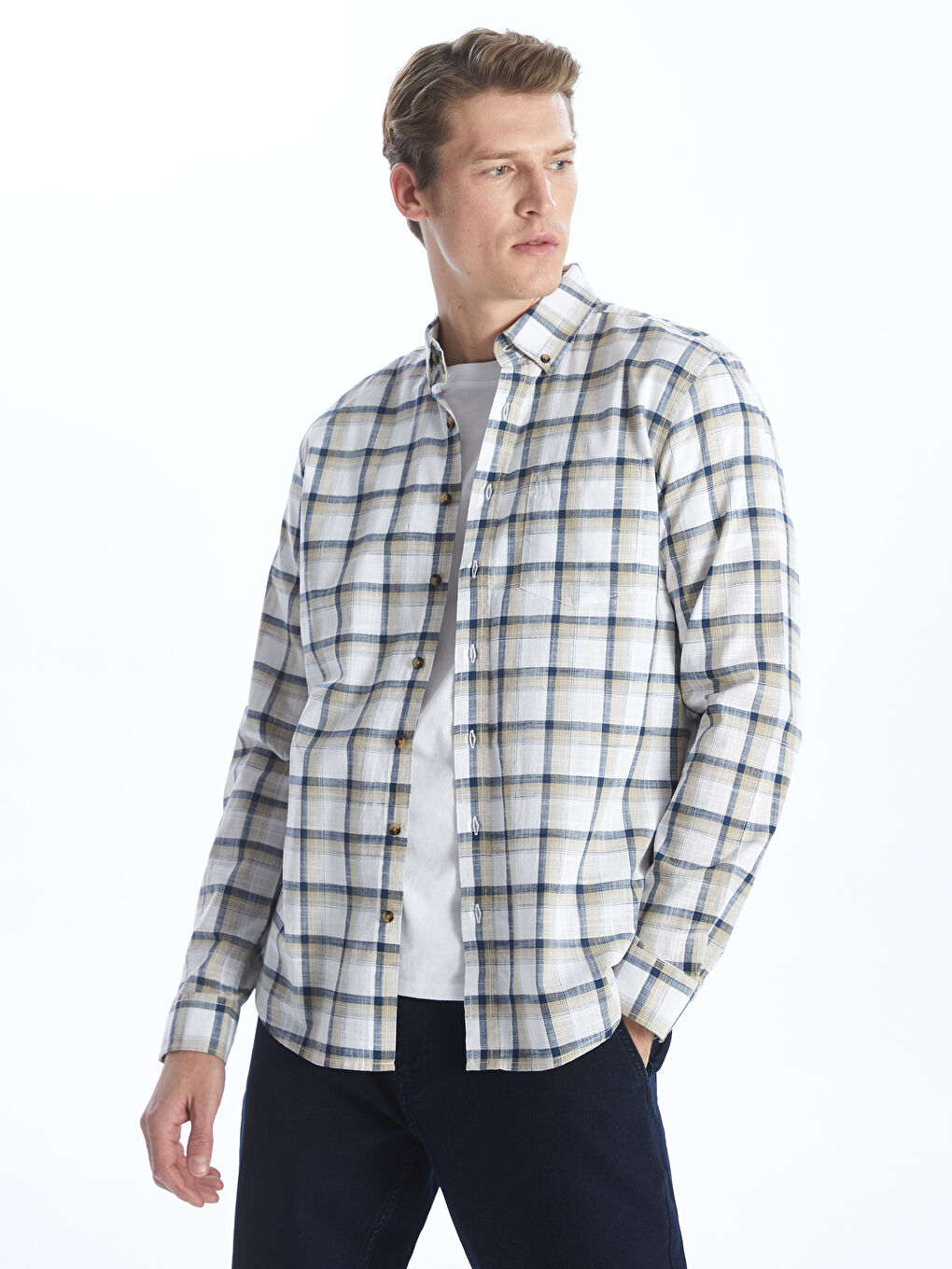 Regular Fit Long Sleeve Plaid Poplin Men's Shirt -S4AE94Z8-LKQ