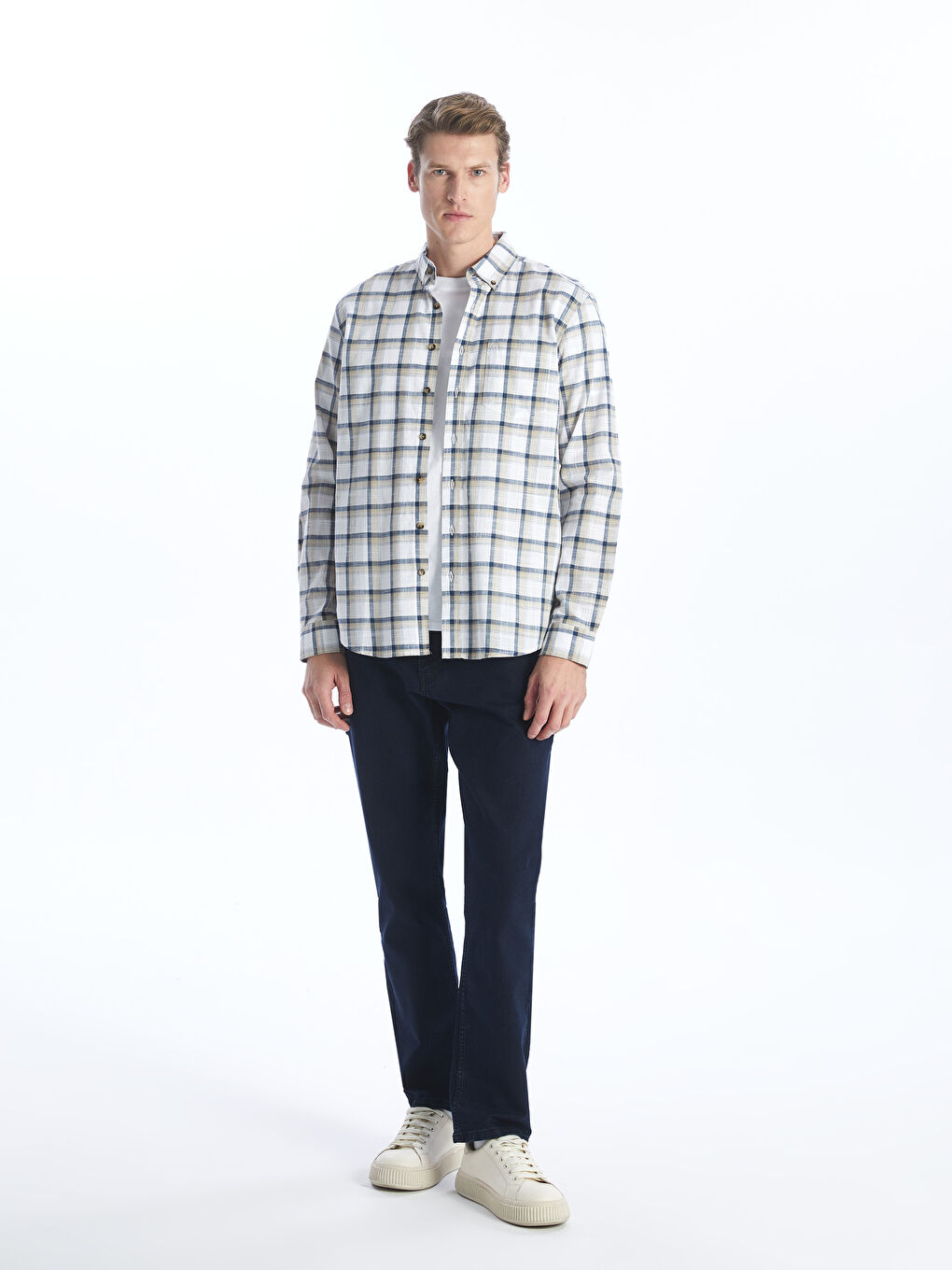 Regular Fit Long Sleeve Plaid Poplin Men's Shirt -S4AE94Z8-LKQ