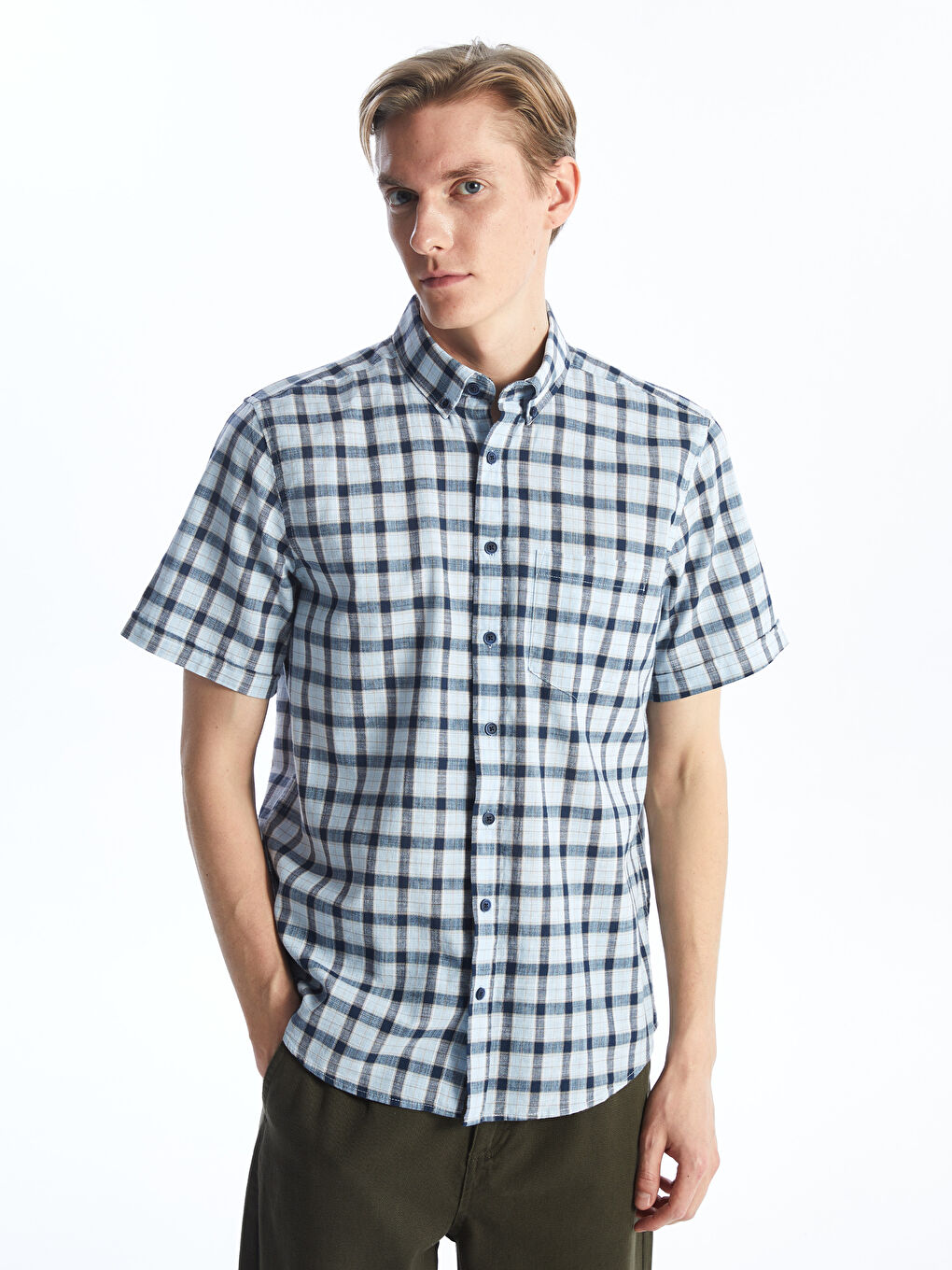 ерлерге арналған торлы поплин қысқа жең стандартты пішім жейде