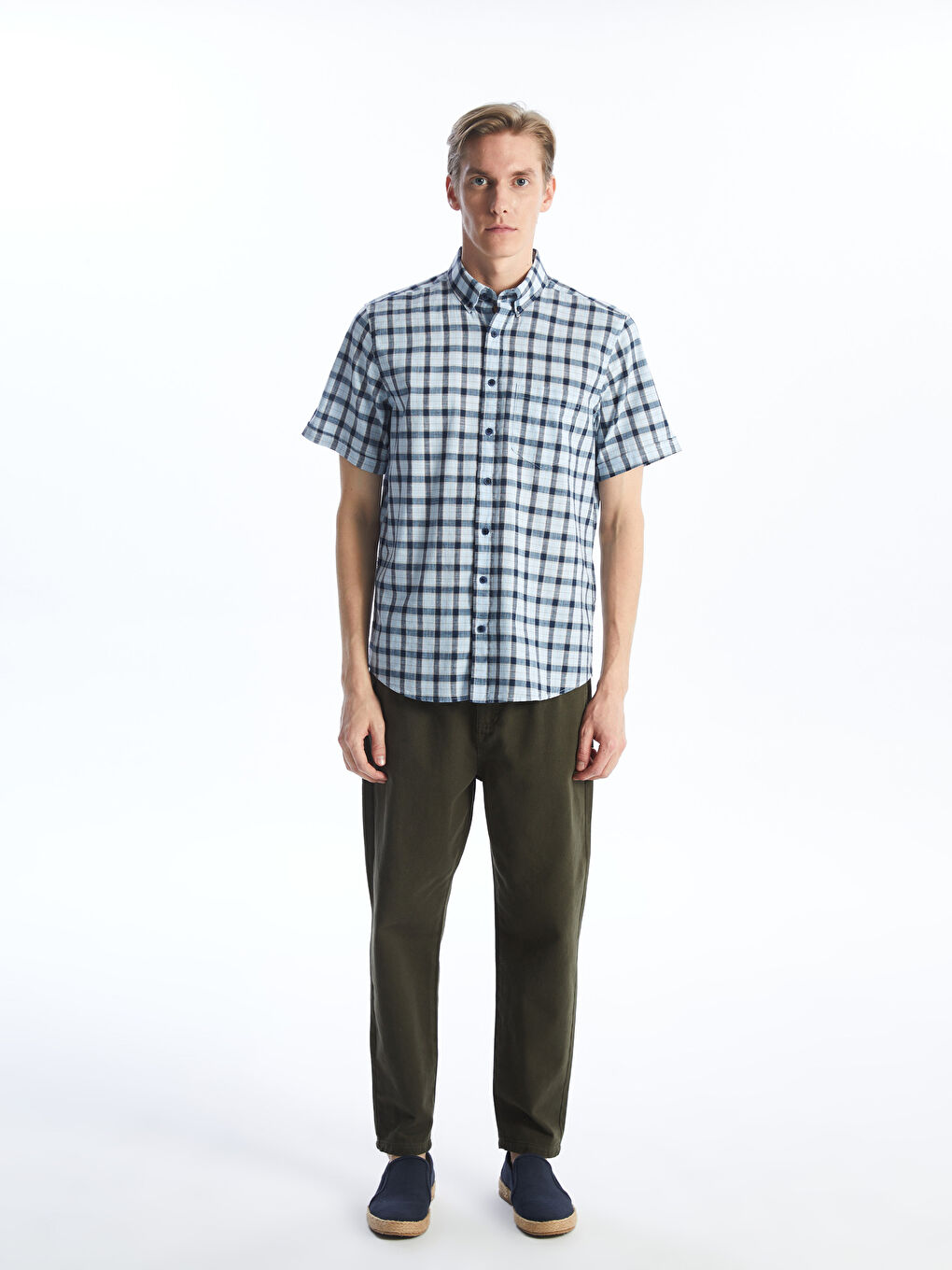 ерлерге арналған торлы поплин қысқа жең стандартты пішім жейде-1