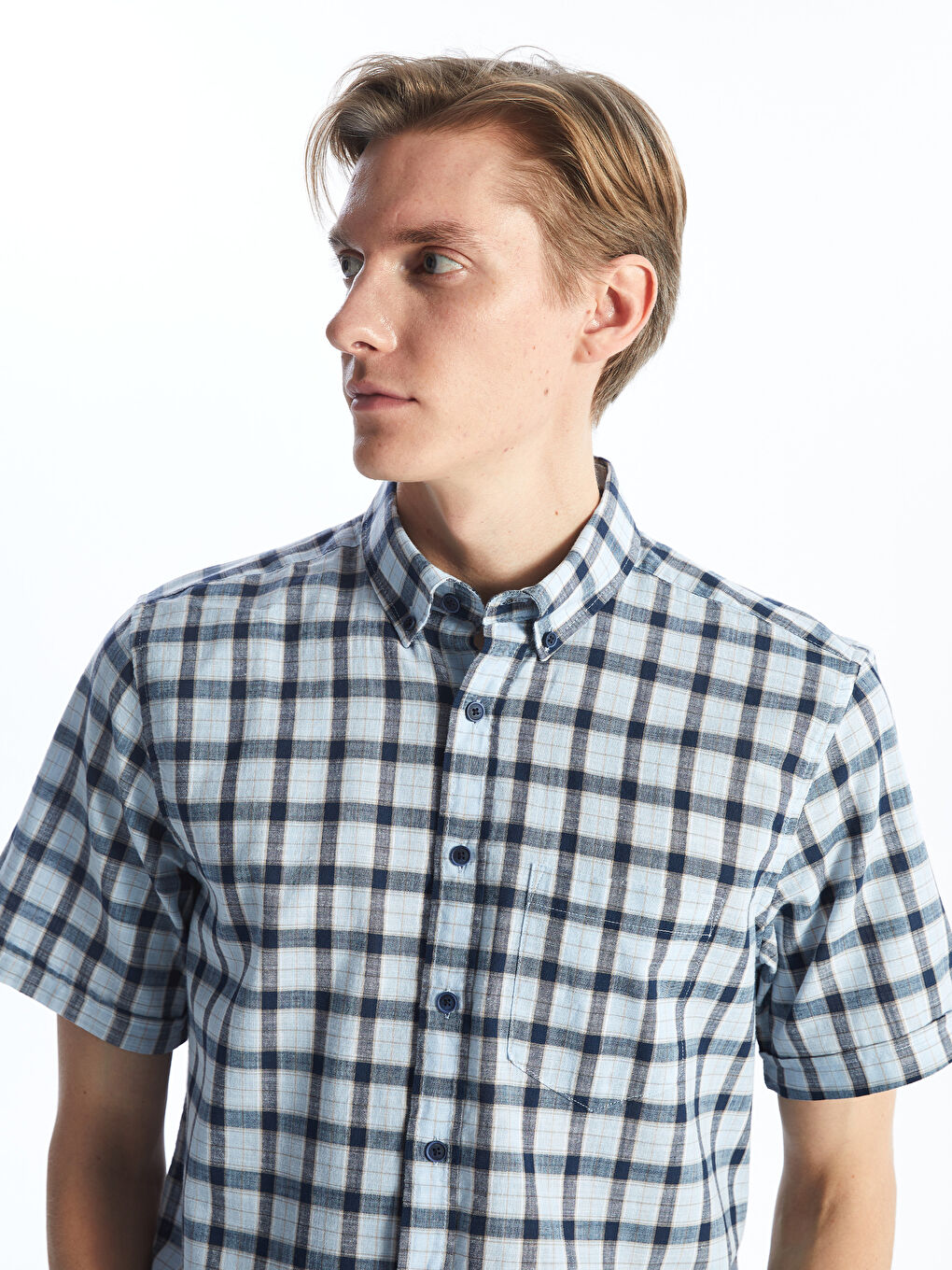 ерлерге арналған торлы поплин қысқа жең стандартты пішім жейде-2