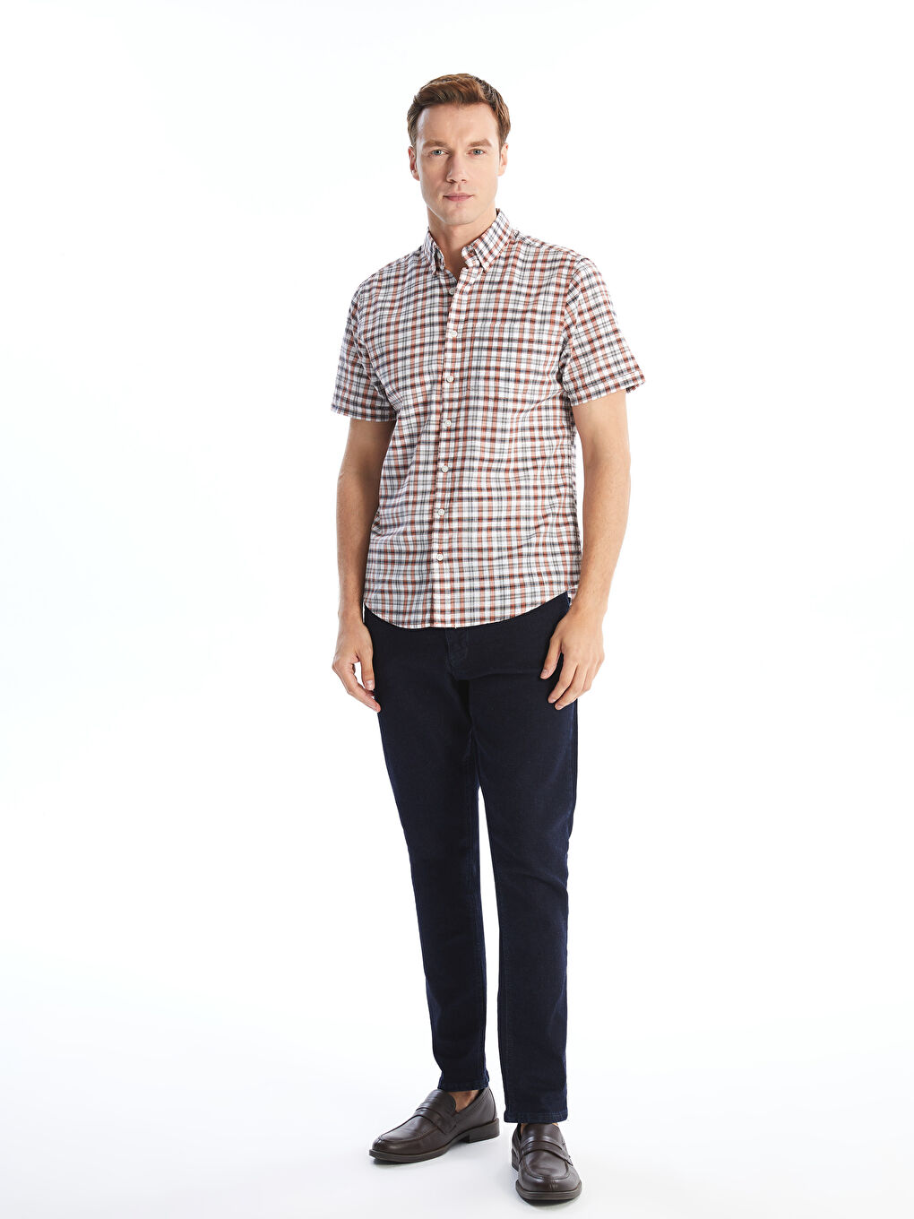 ерлерге арналған торлы поплин қысқа жең стандартты пішім жейде-1