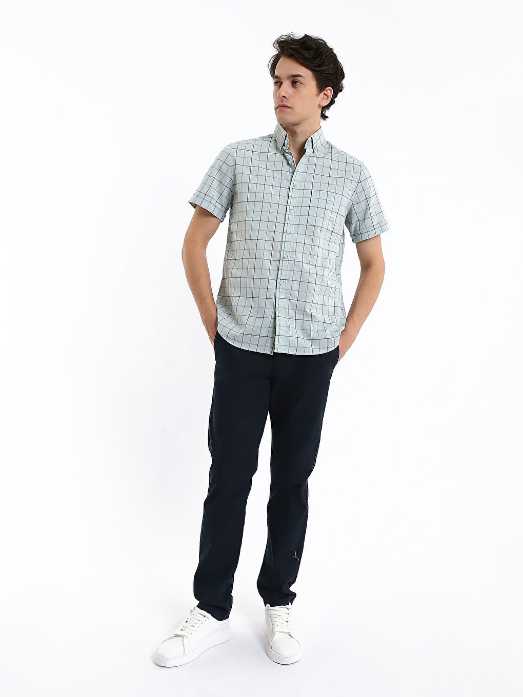 Regular Fit Short Sleeve Plaid Poplin Men's Shirt-2