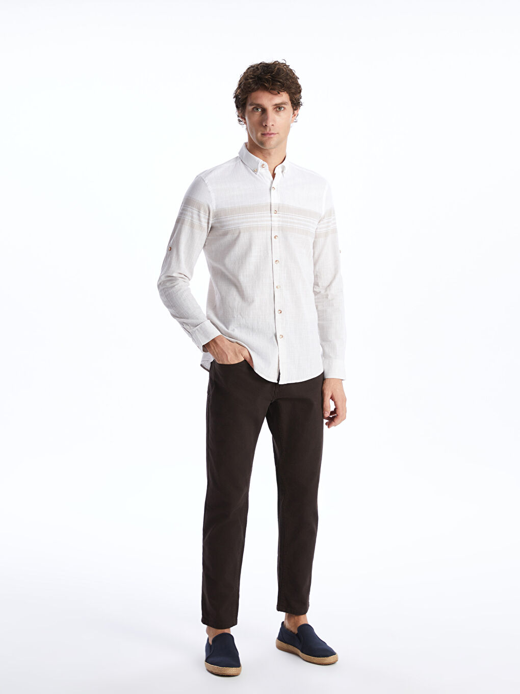 Regular Fit Long Sleeve Striped Poplin Men's Shirt -S4AF07Z8-LE8