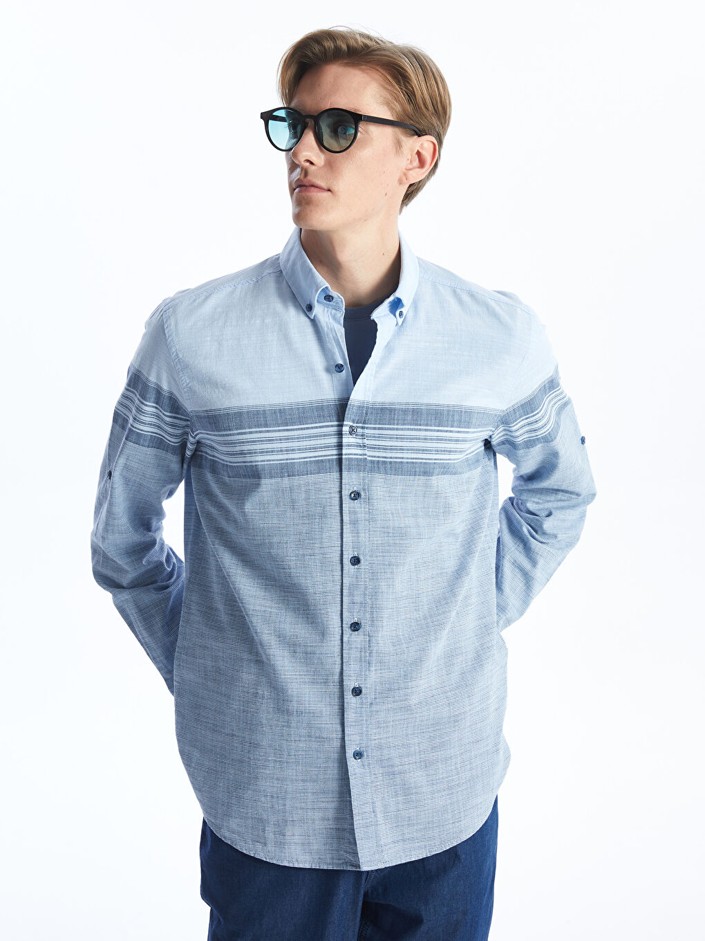 Regular Fit Long Sleeve Striped Poplin Men's Shirt -S4AF07Z8-LEN
