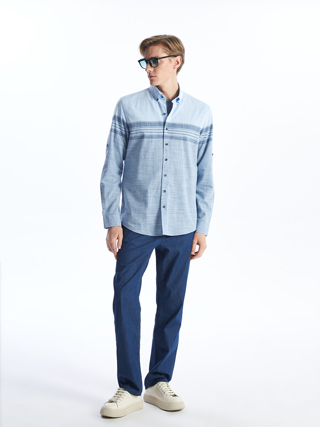 Regular Fit Long Sleeve Striped Poplin Men's Shirt -S4AF07Z8-LEN