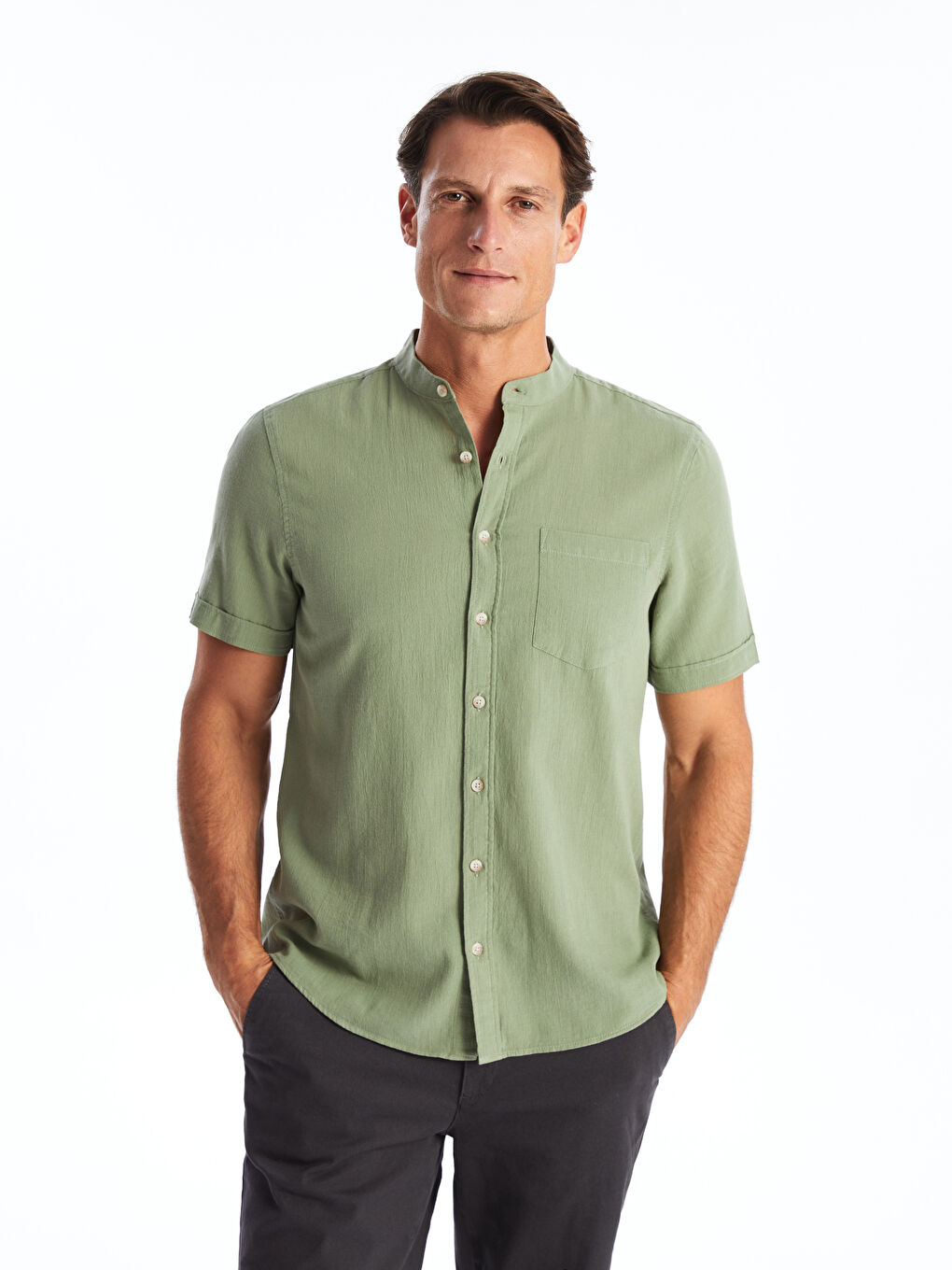 Yeşil Regular Fit Kısa Kollu Armürlü Erkek Gömlek