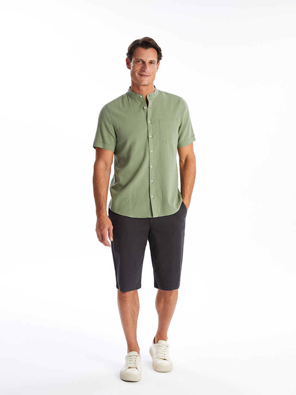 Yeşil Regular Fit Kısa Kollu Armürlü Erkek Gömlek-1