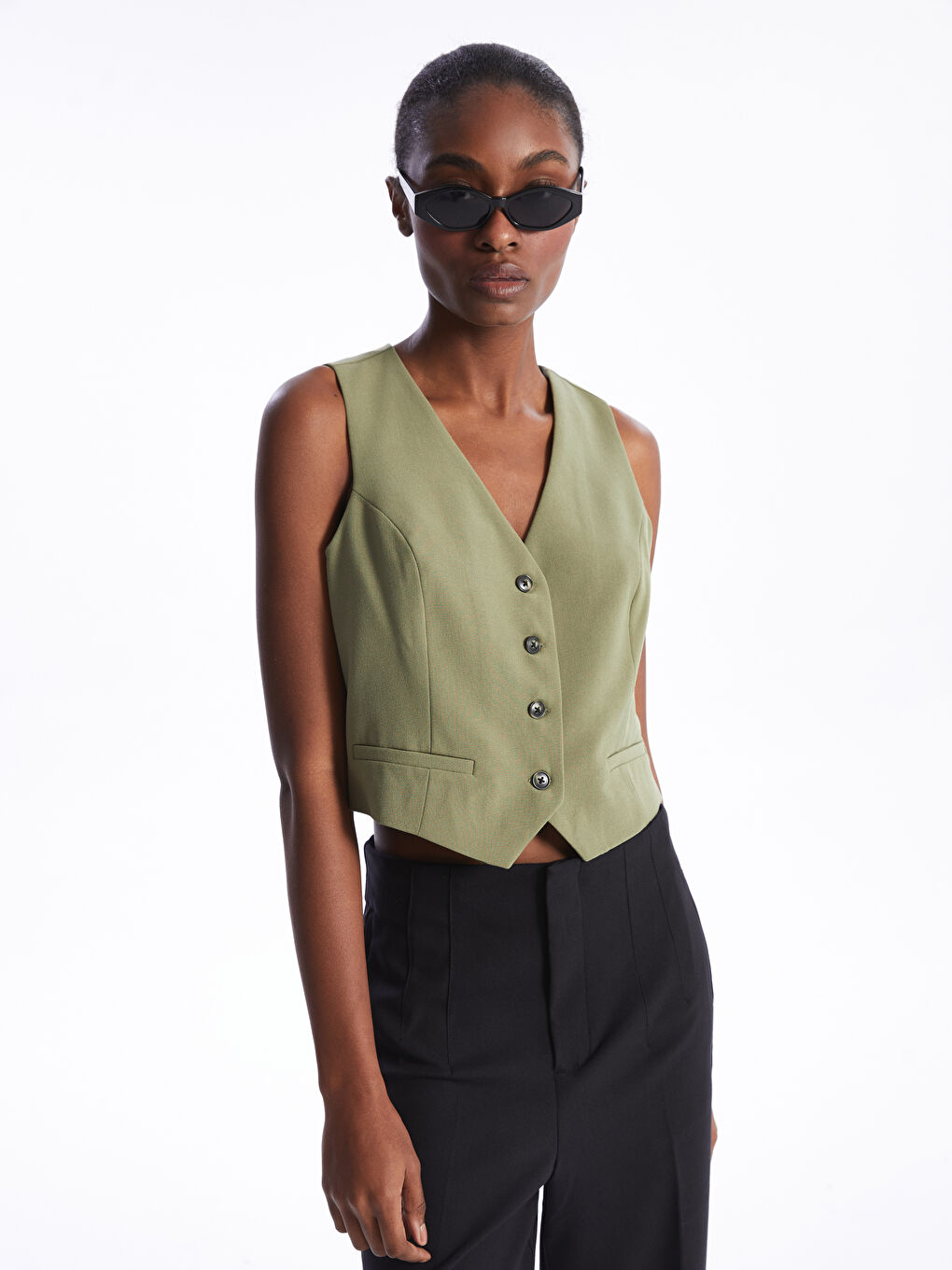 Women's V Neck Plain Classic Waistcoat -S4AF46Z8-GYA