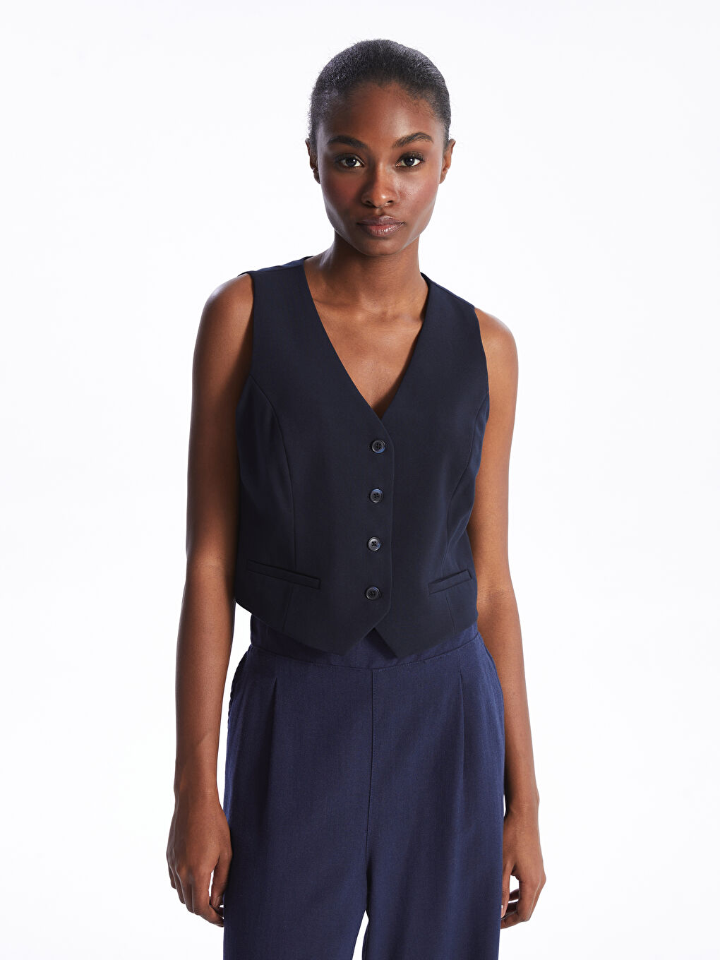 Women's V Neck Plain Classic Waistcoat -S4AF46Z8-HMQ