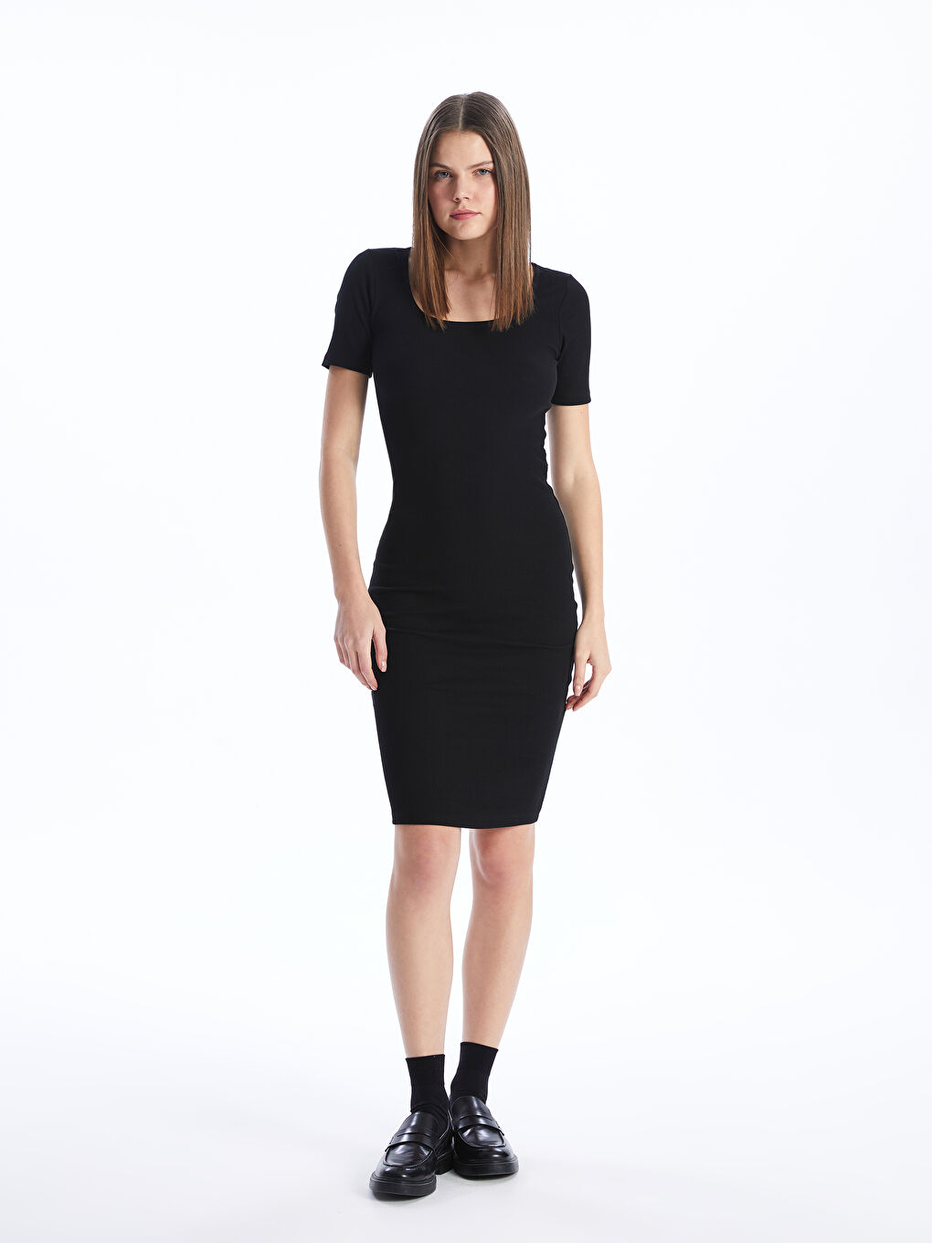 XSIDE U Neck Plain Short Sleeve Women's Bodycon Dress -S4AG33Z8-CVL