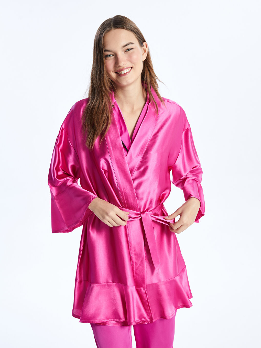 Shawl Collar Plain Satin Women's Robe -S4AG89Z8-GWX