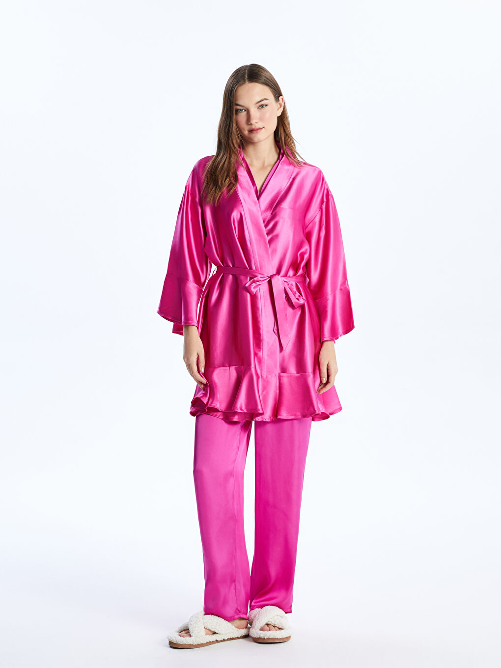 Shawl Collar Plain Satin Women's Robe -S4AG89Z8-GWX
