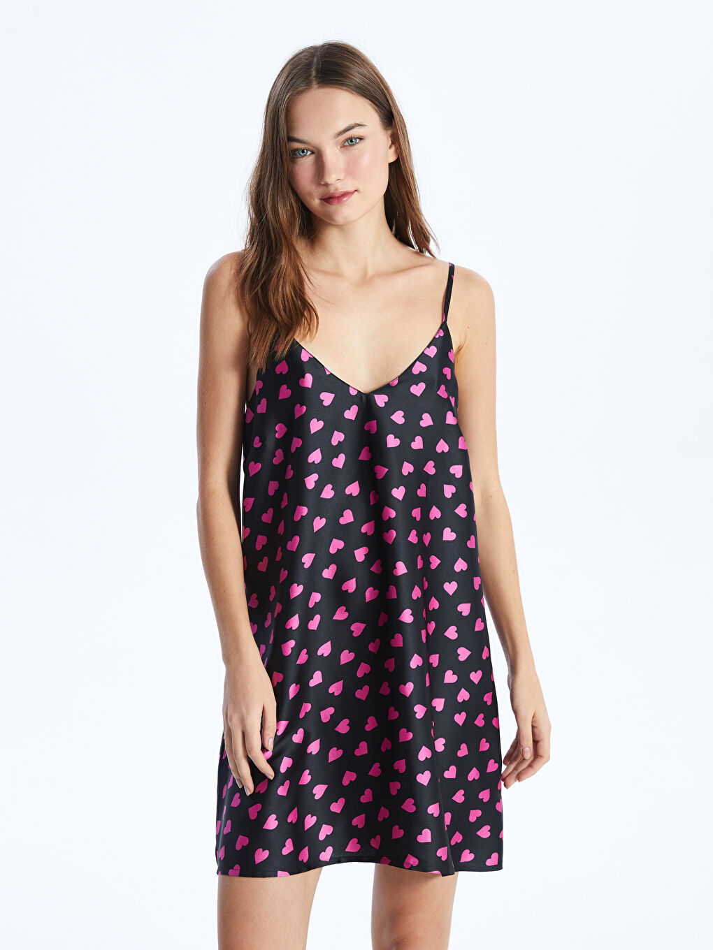 V Neck Patterned Strappy Satin Women's Fancy Nightdress -S4AG90Z8-LQJ
