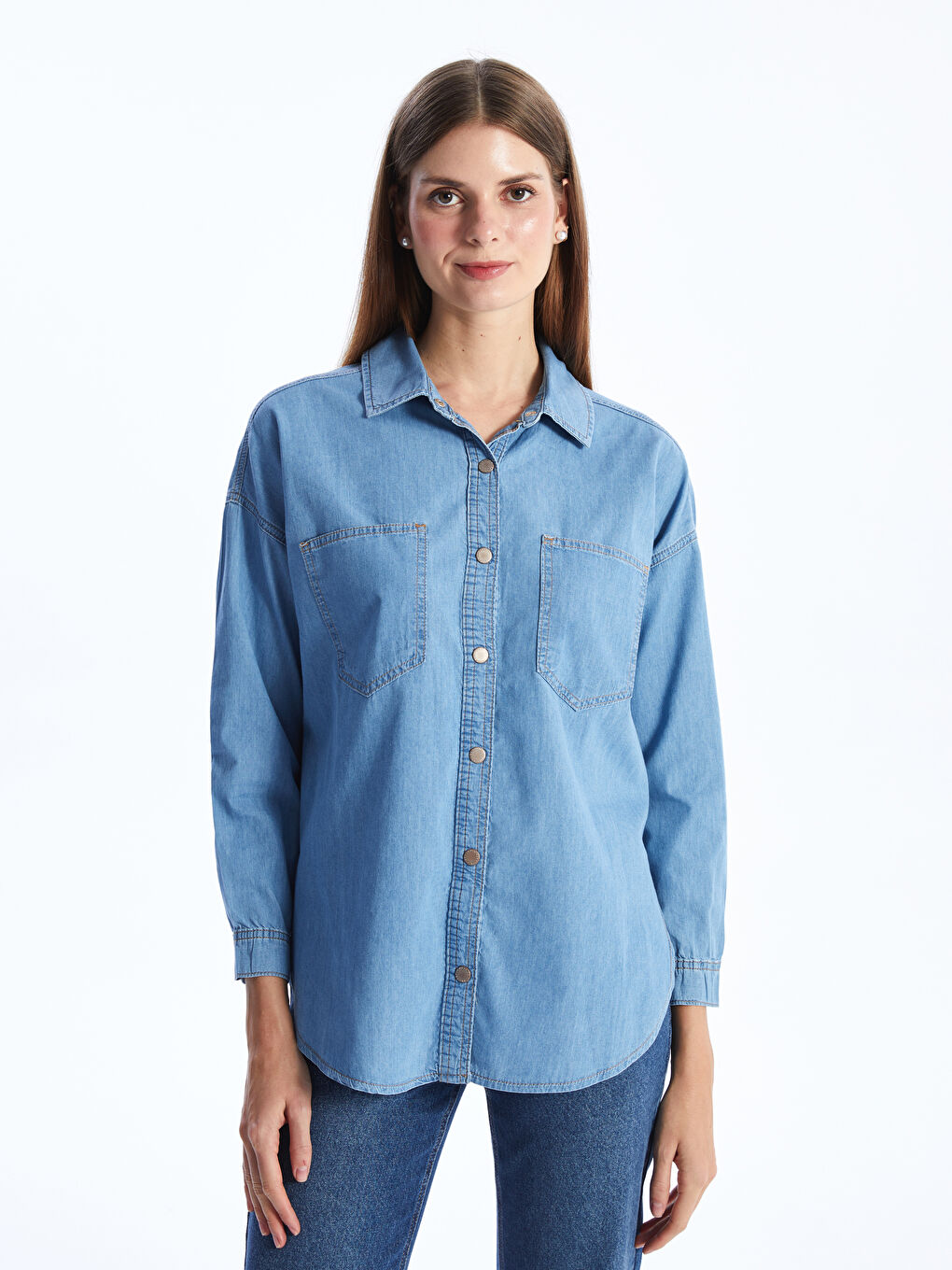 Straight Long Sleeve Oversize Women's Jean Shirt -S4AH32Z8-507