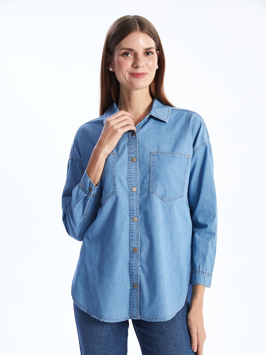 Straight Long Sleeve Oversize Women's Jean Shirt -S4AH32Z8-507
