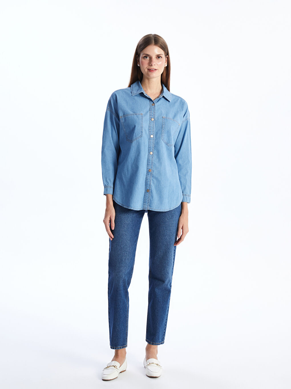 Straight Long Sleeve Oversize Women's Jean Shirt -S4AH32Z8-507
